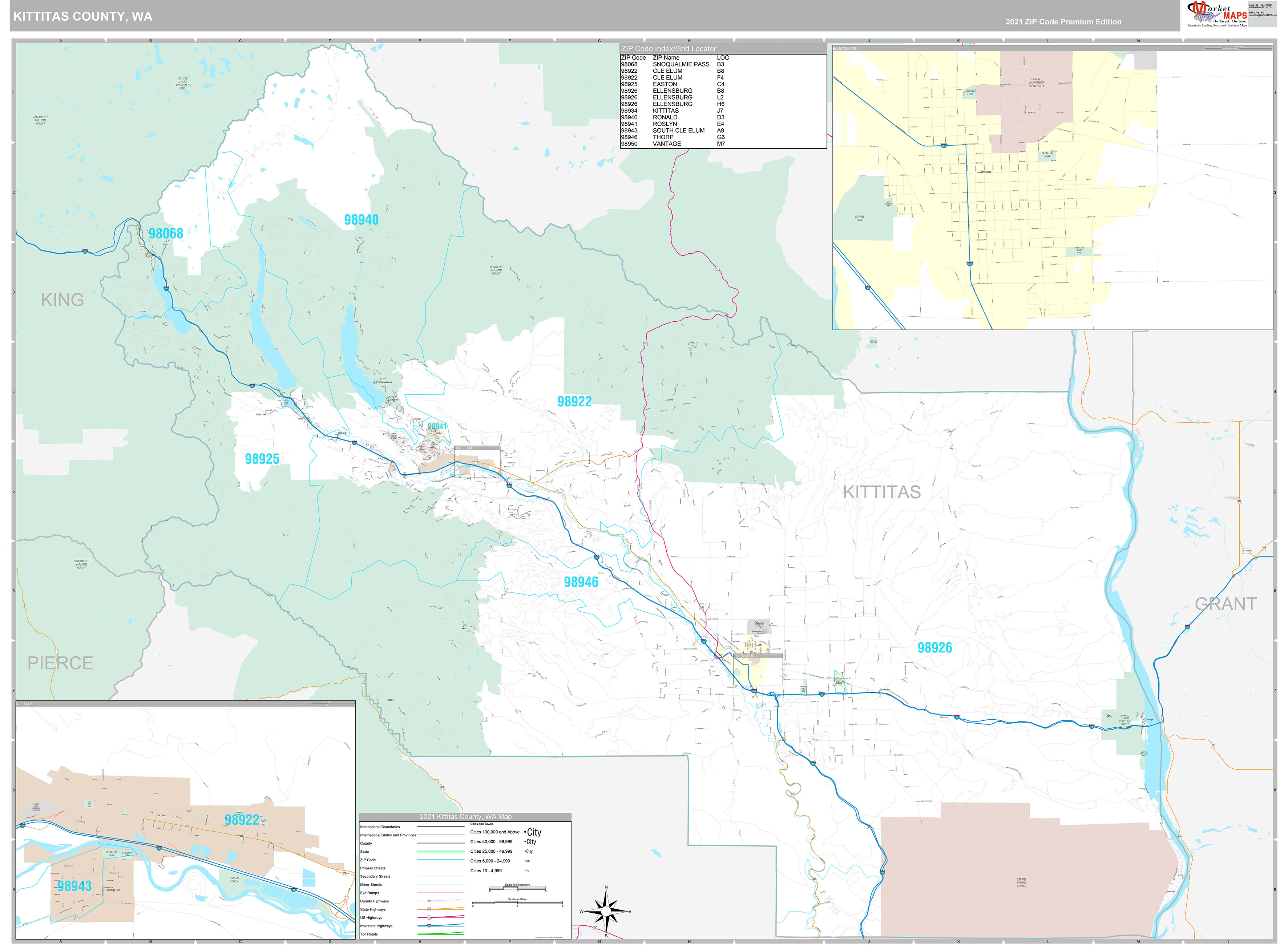 Kittitas County, WA Wall Map Premium Style by MarketMAPS