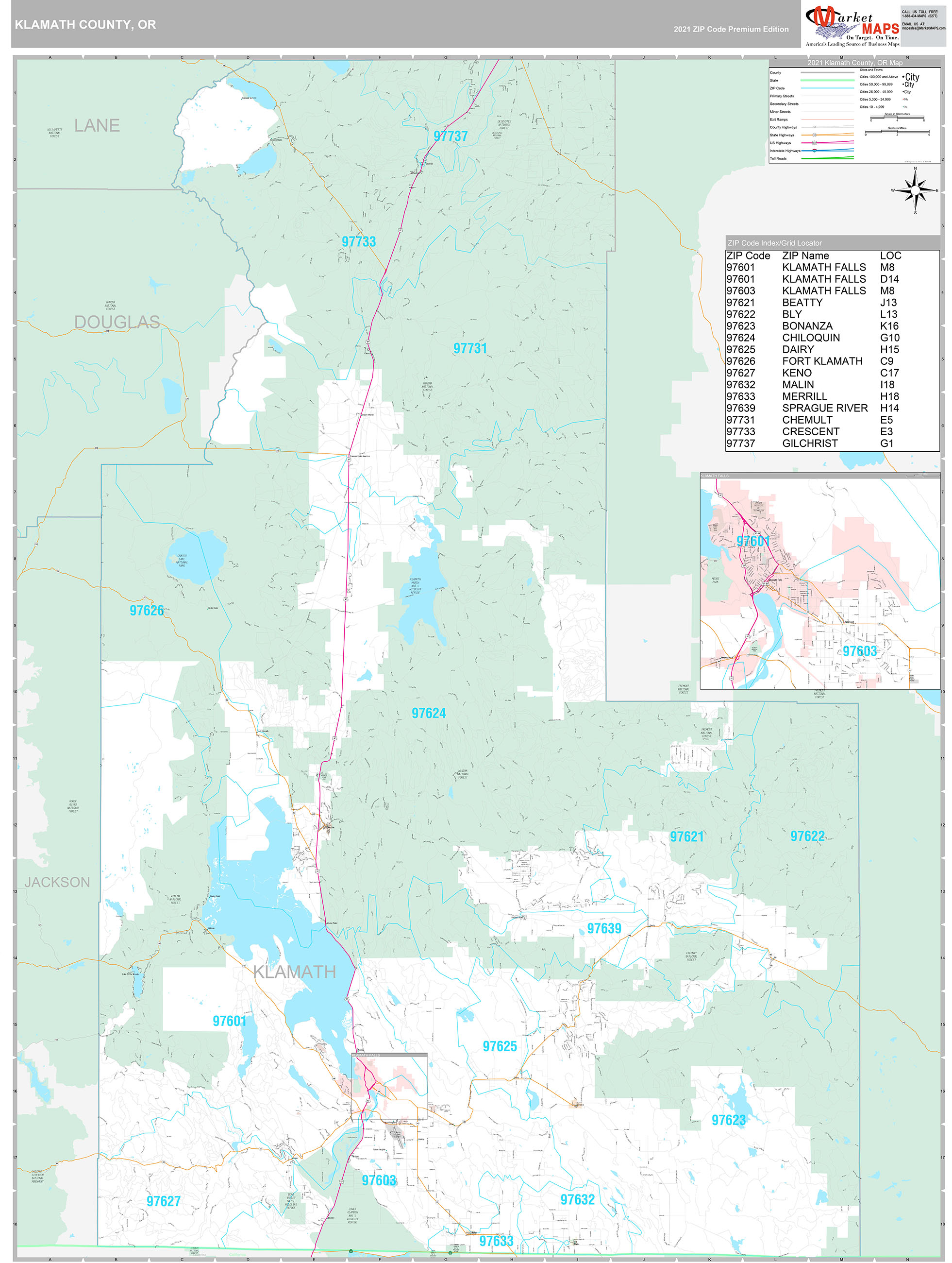 Klamath County, OR Wall Map Premium Style by MarketMAPS