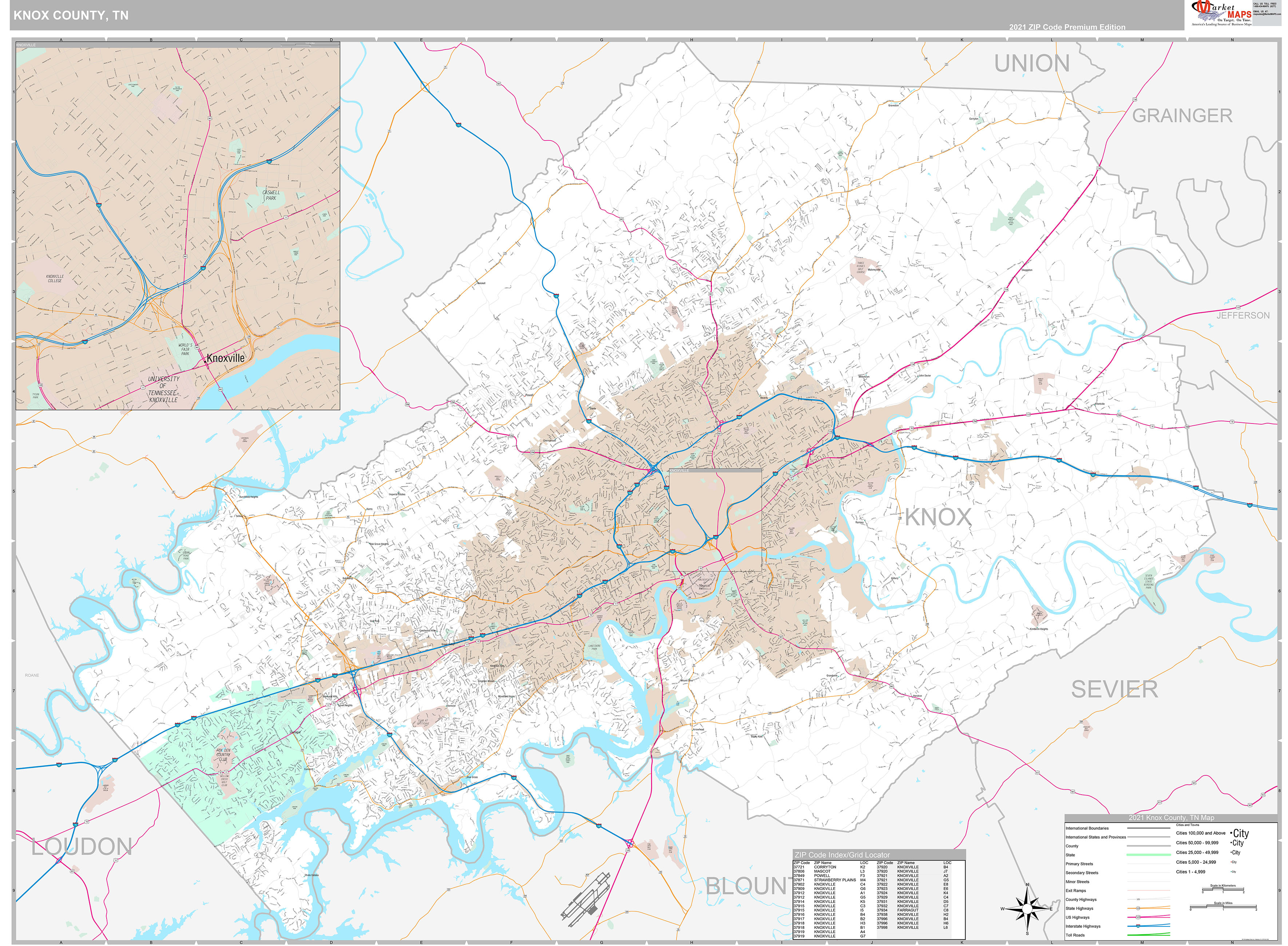 Knox County, TN Wall Map Premium Style by MarketMAPS