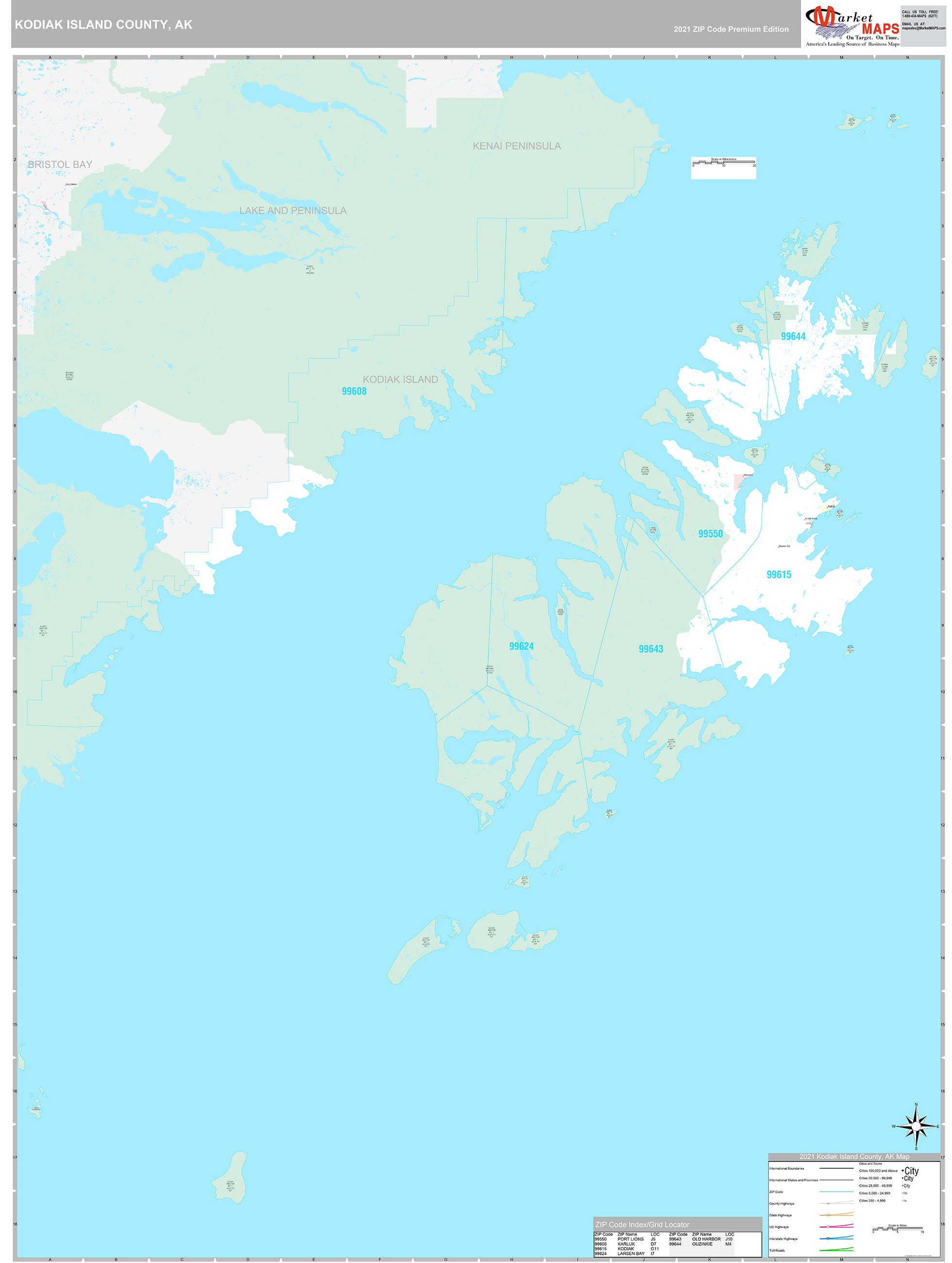 Kodiak Island County, AK Wall Map Premium Style by MarketMAPS