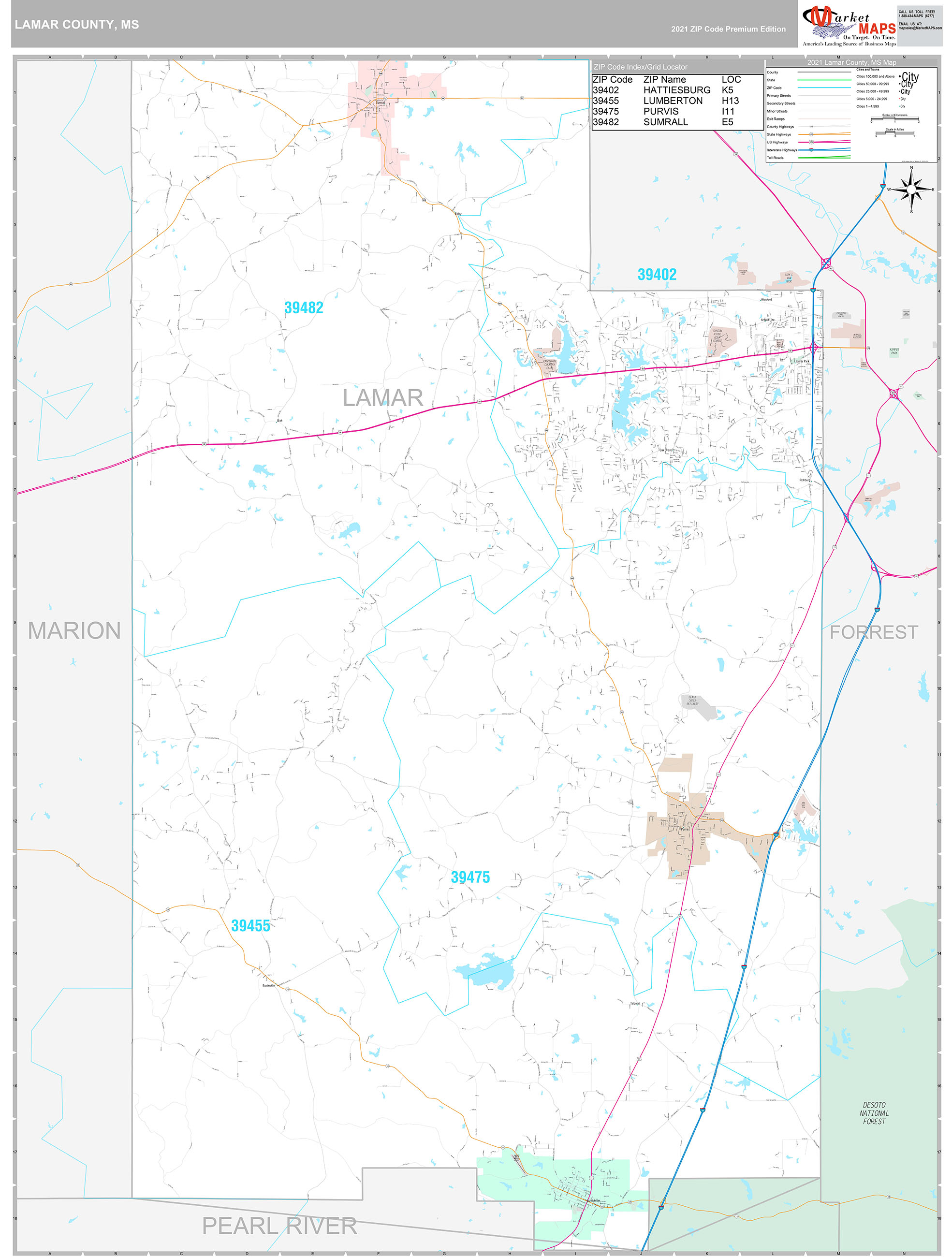 Lamar County, MS Wall Map Premium Style by MarketMAPS