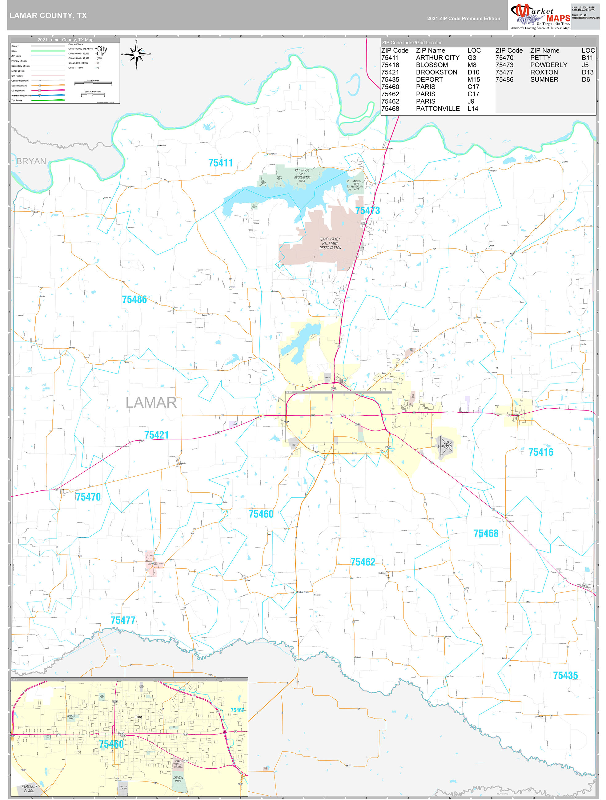 Contea di Lamar, TX Wall Map Premium Style by MarketMAPS