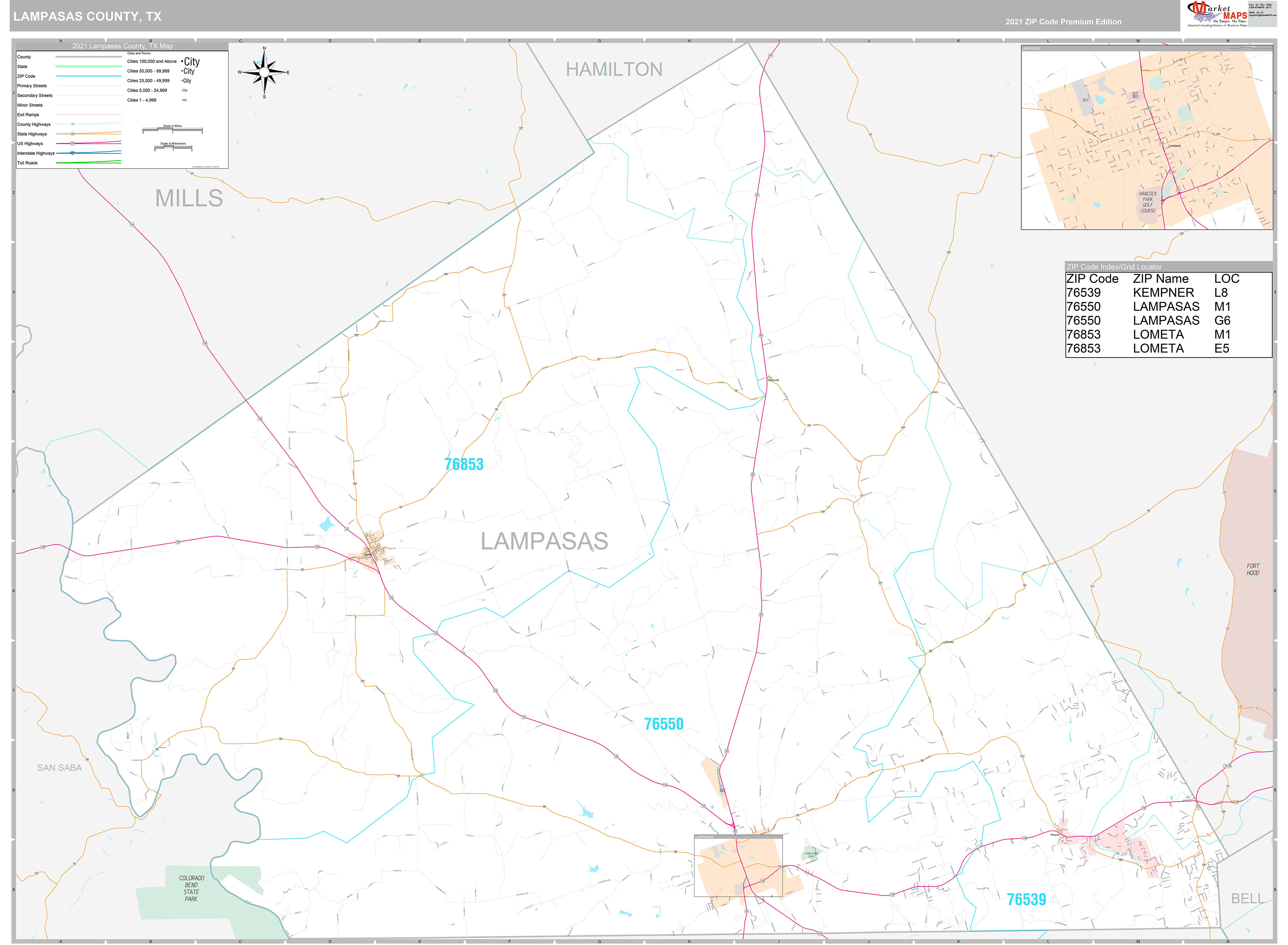 Lampasas County, TX Wall Map Premium Style by MarketMAPS MapSales