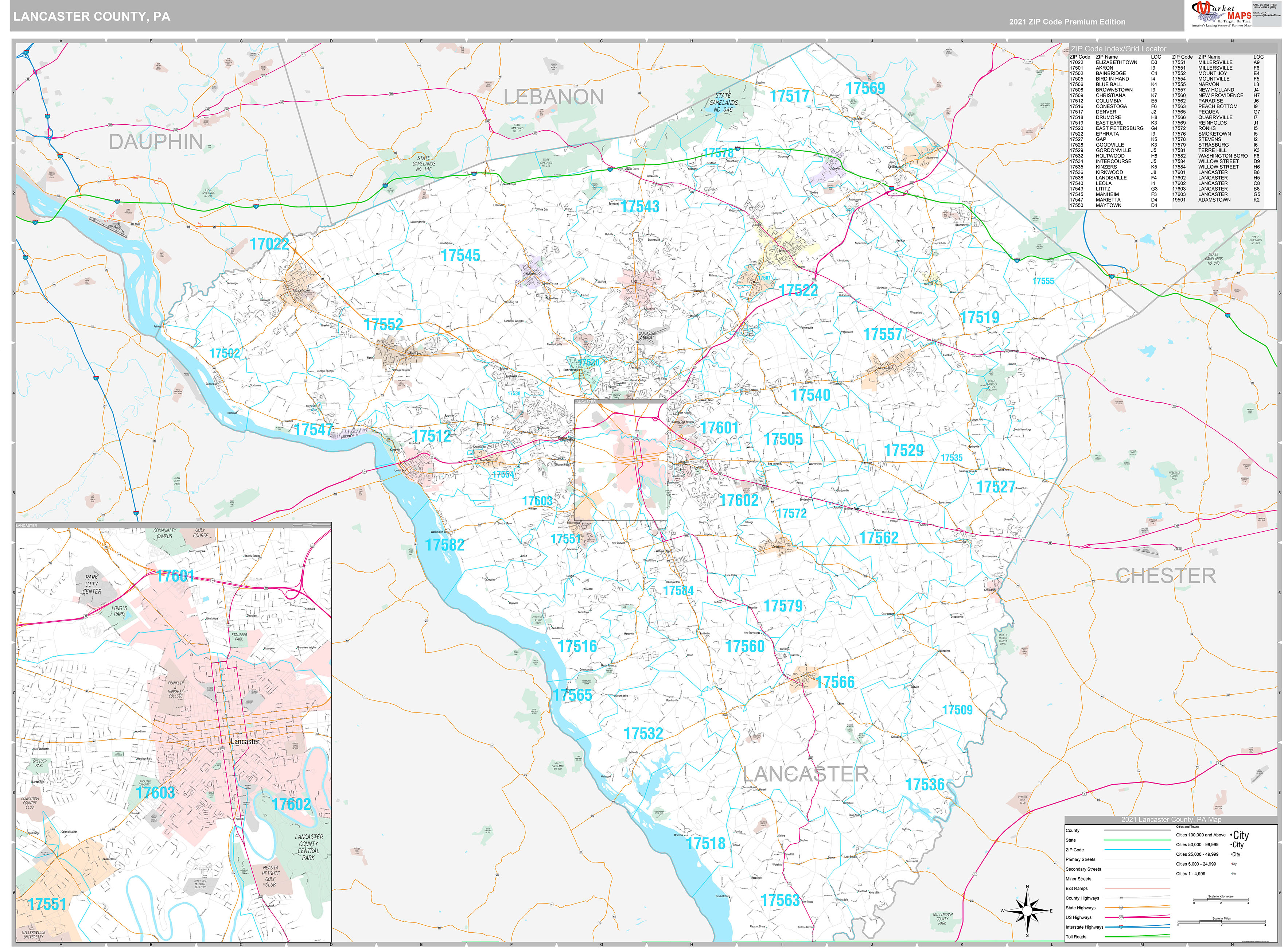 Lancaster County, PA Wall Map Premium Style by MarketMAPS MapSales