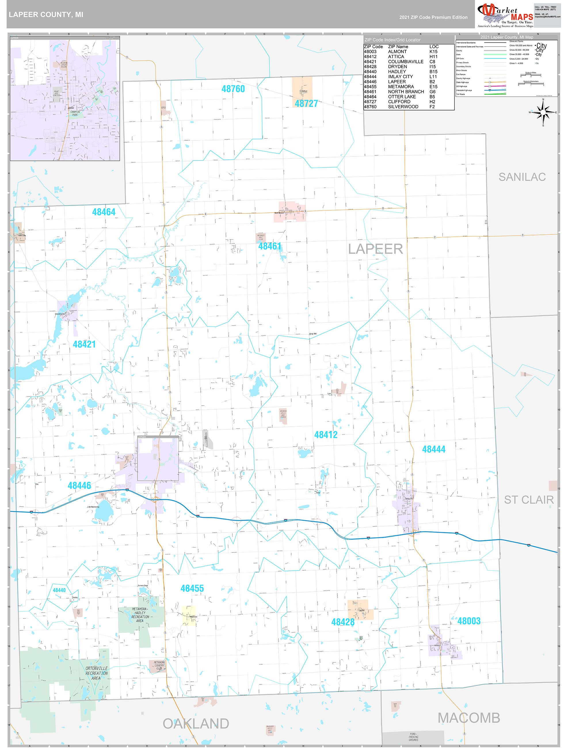 Lapeer County, MI Wall Map Premium Style by MarketMAPS