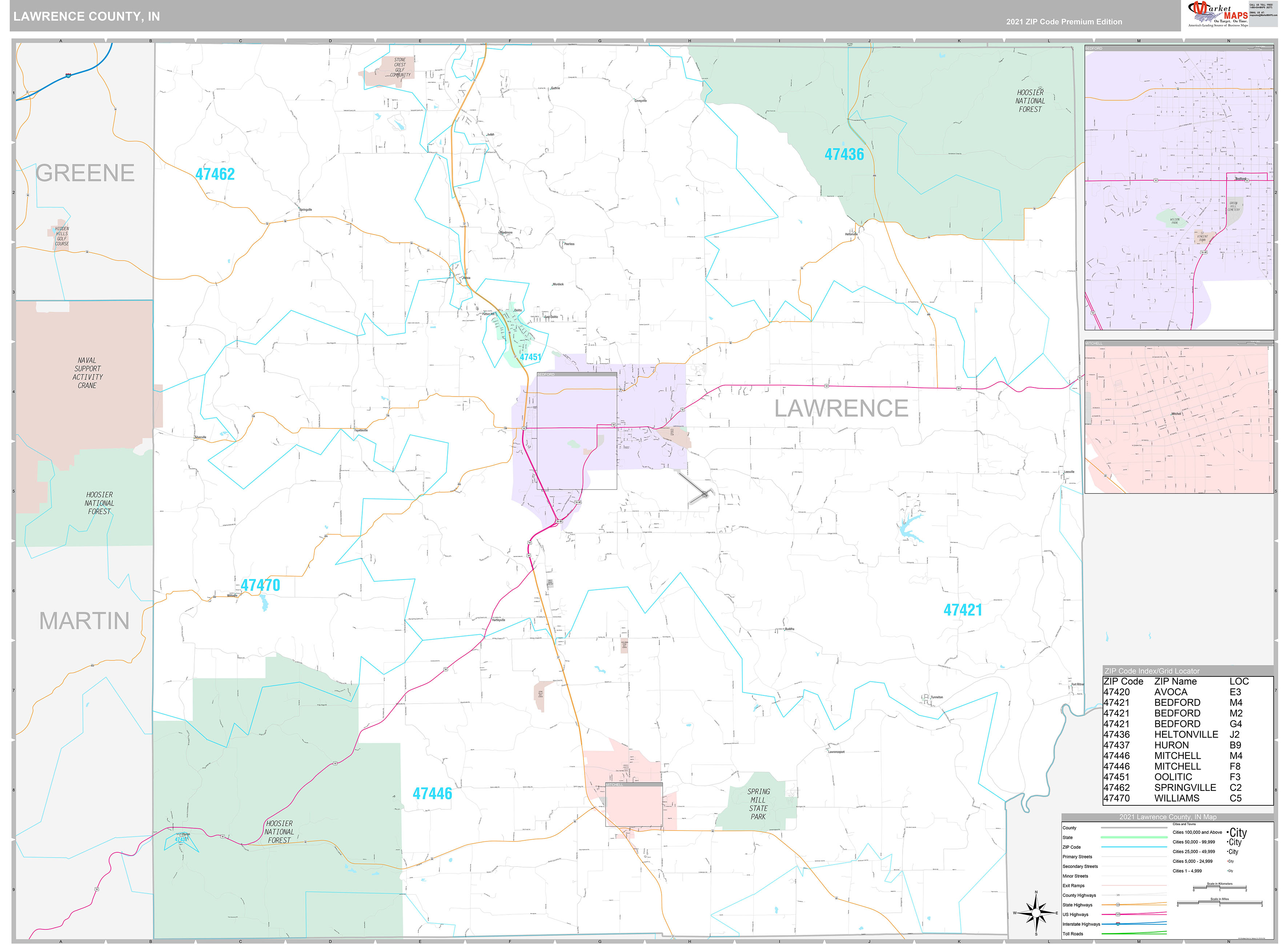 Lawrence County, IN Wall Map Premium Style by MarketMAPS