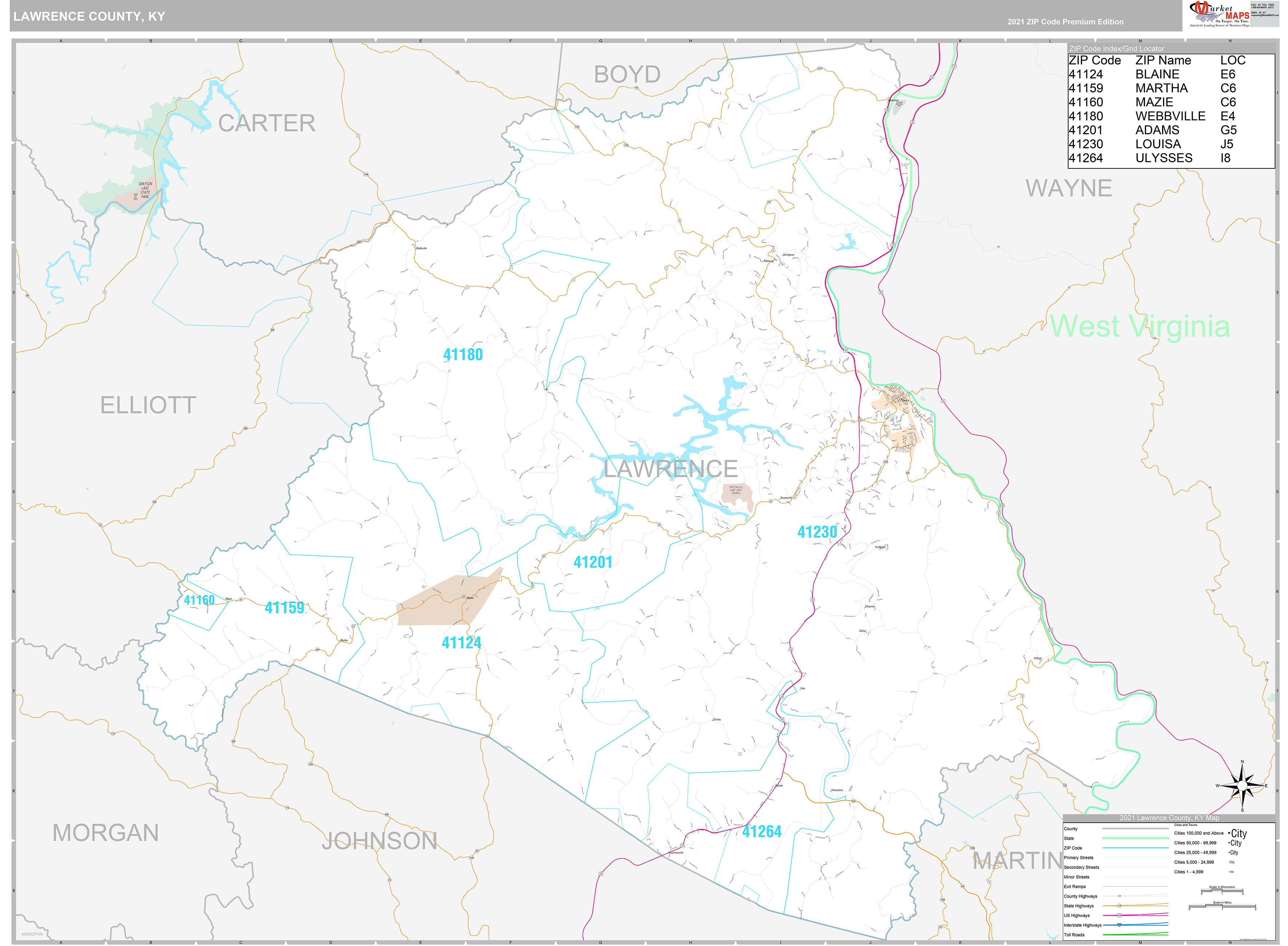 Lawrence County, KY Wall Map Premium Style by MarketMAPS