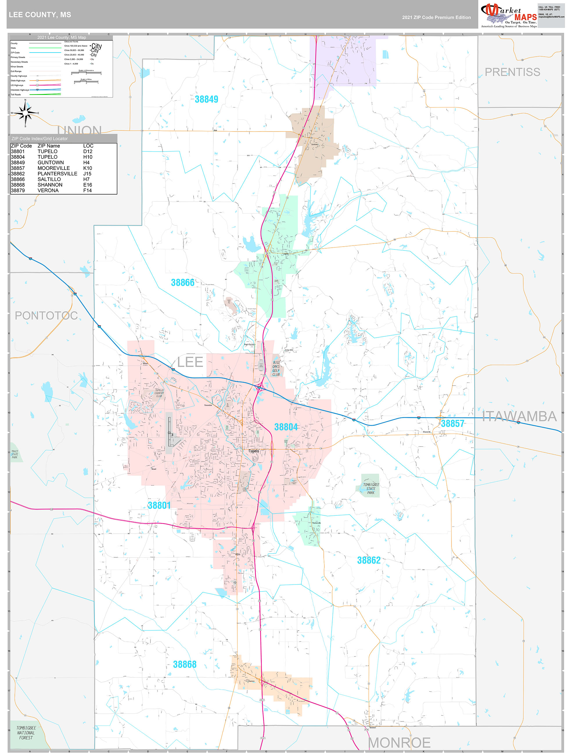 Lee County, MS Wall Map Premium Style by MarketMAPS MapSales