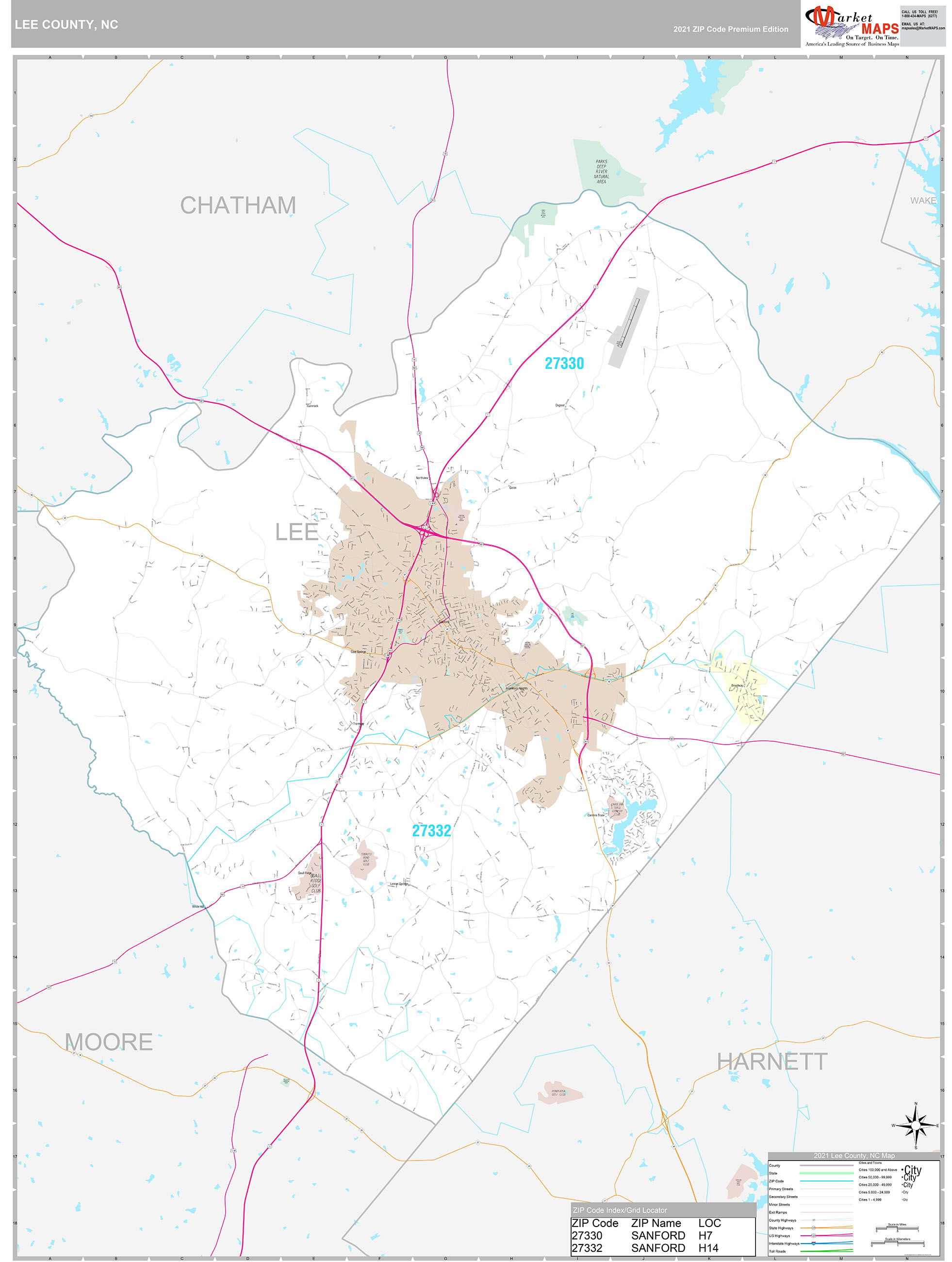 Lee County, NC Wall Map Premium Style by MarketMAPS
