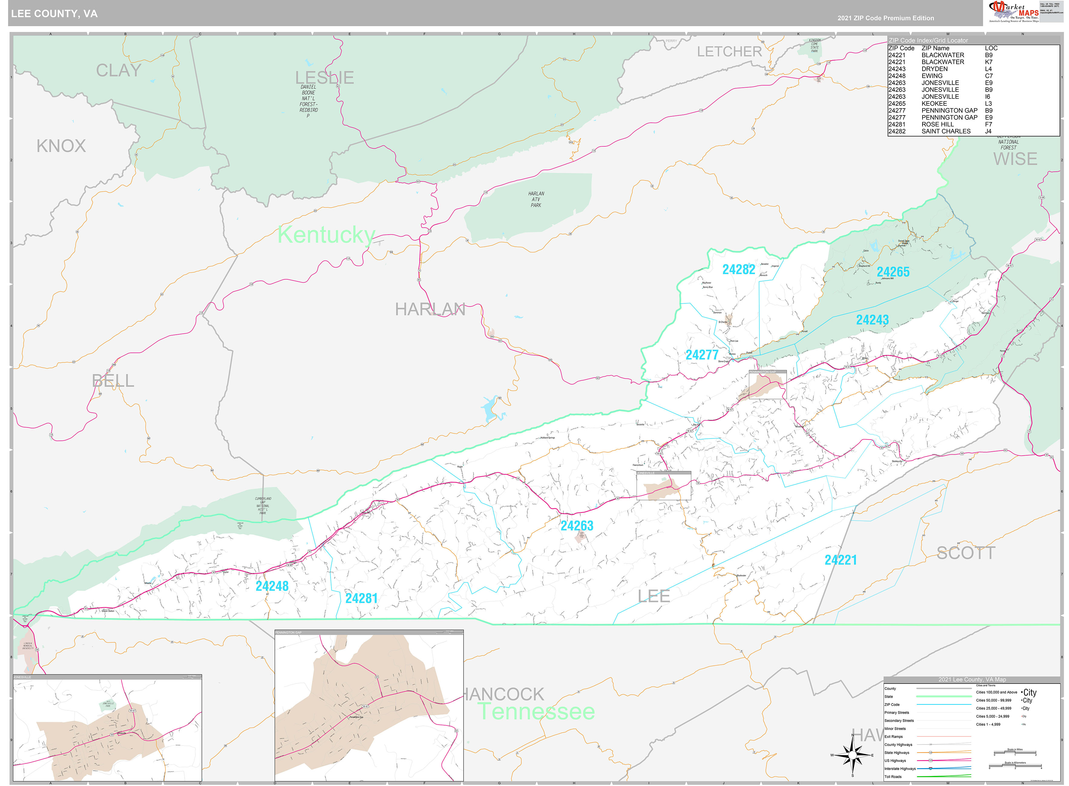 Lee County, VA Wall Map Premium Style by MarketMAPS MapSales