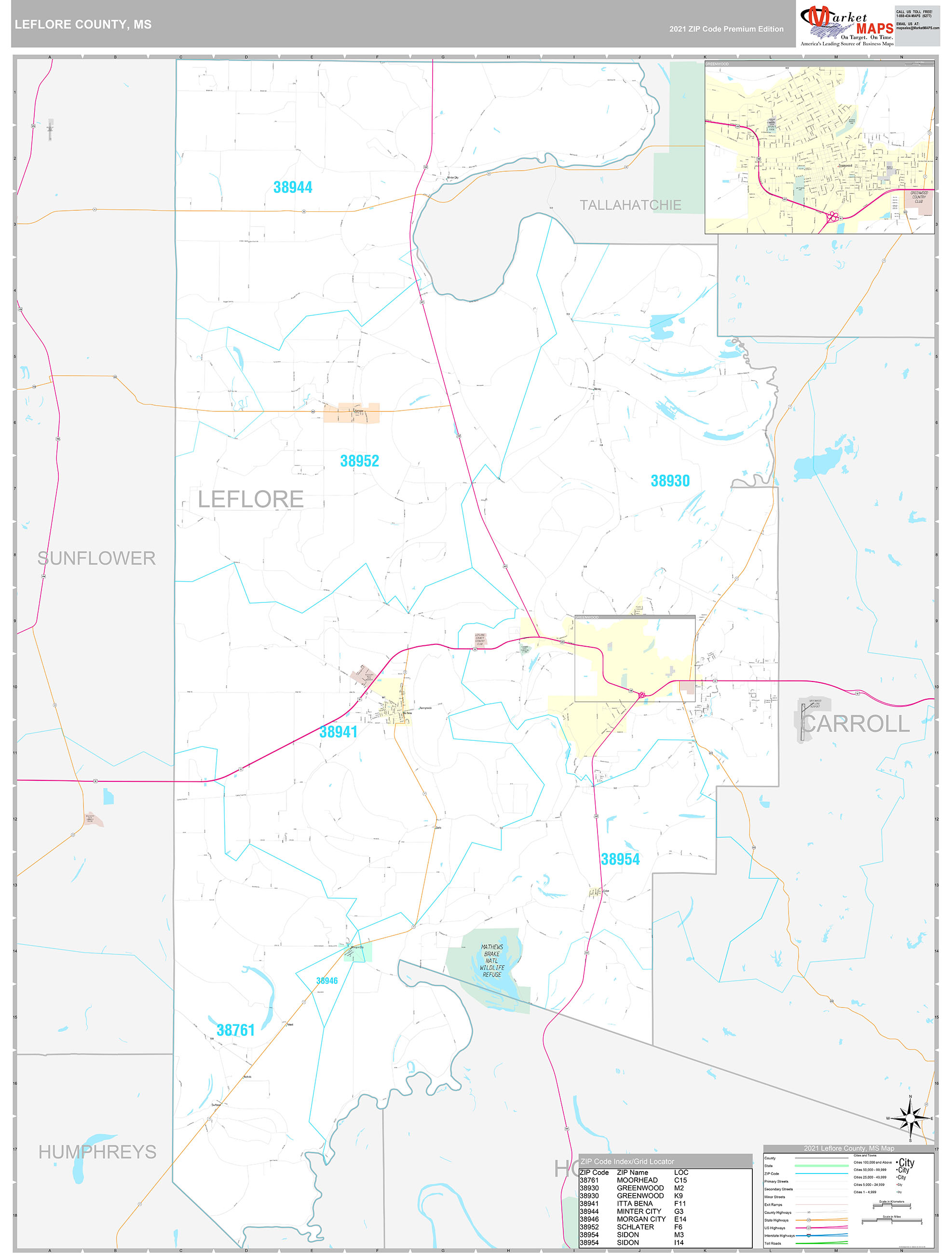 Leflore County, MS Wall Map Premium Style by MarketMAPS