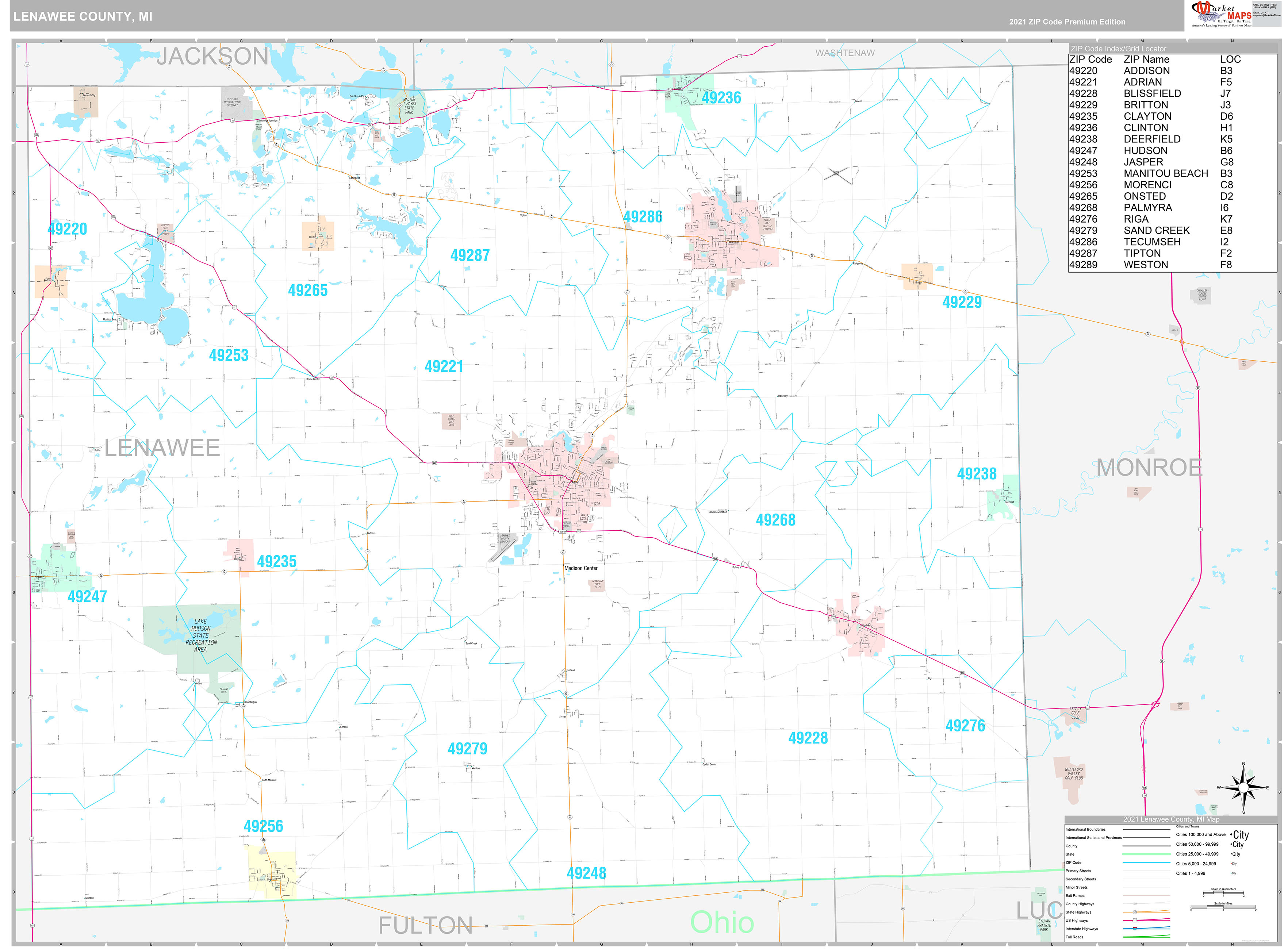 Lenawee County, MI Wall Map Premium Style by MarketMAPS