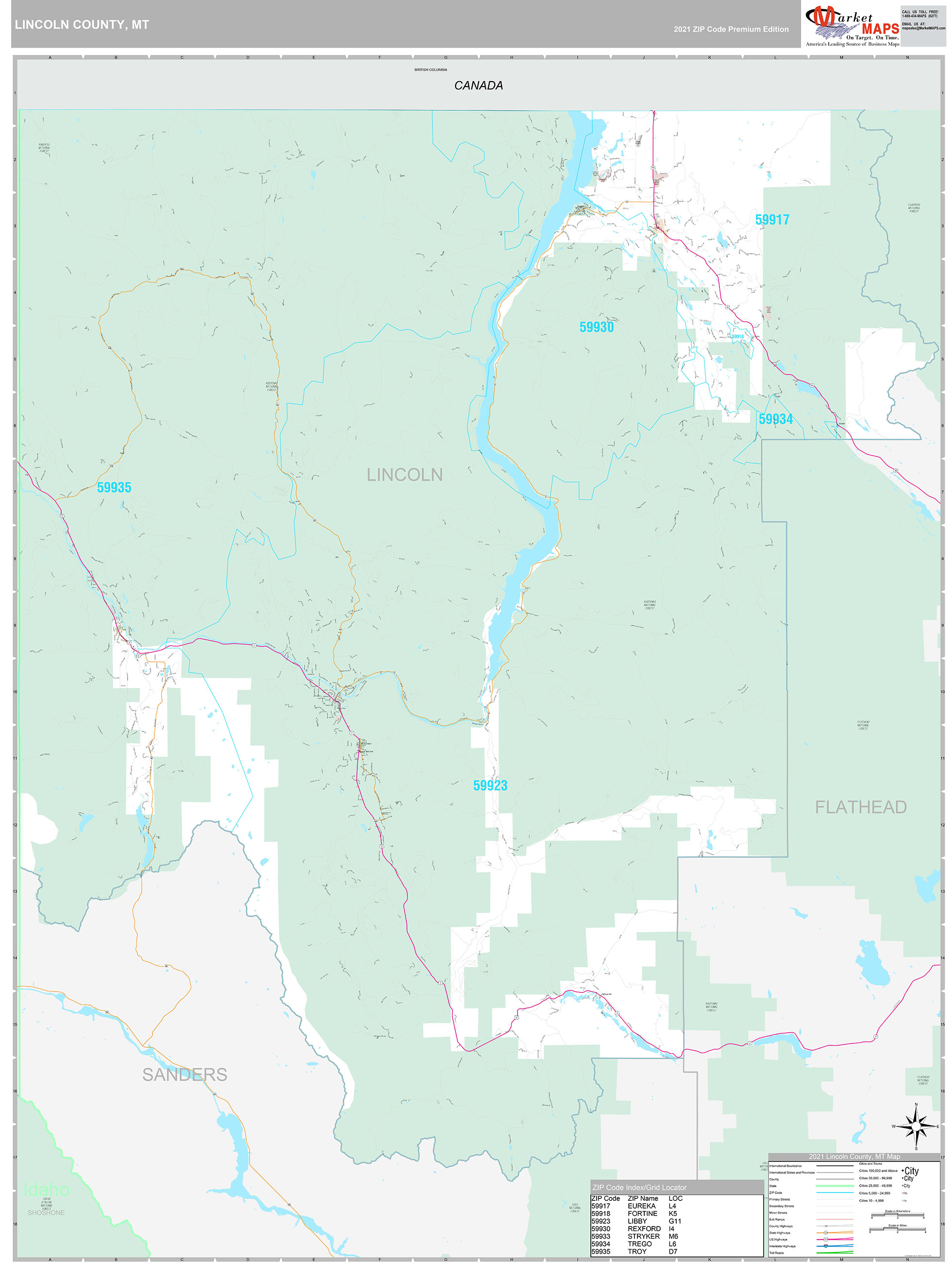 Lincoln County, MT Wall Map Premium Style by MarketMAPS MapSales