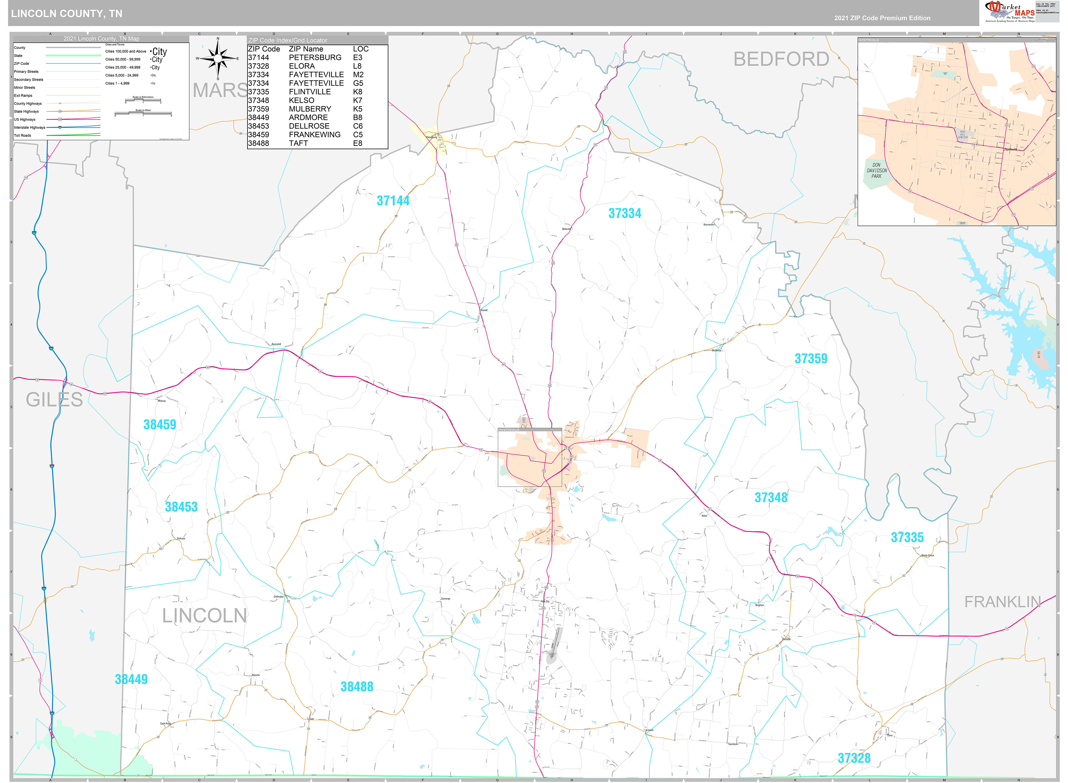 Lincoln County Tn Zip Code Wall Map Red Line Style By Marketmaps