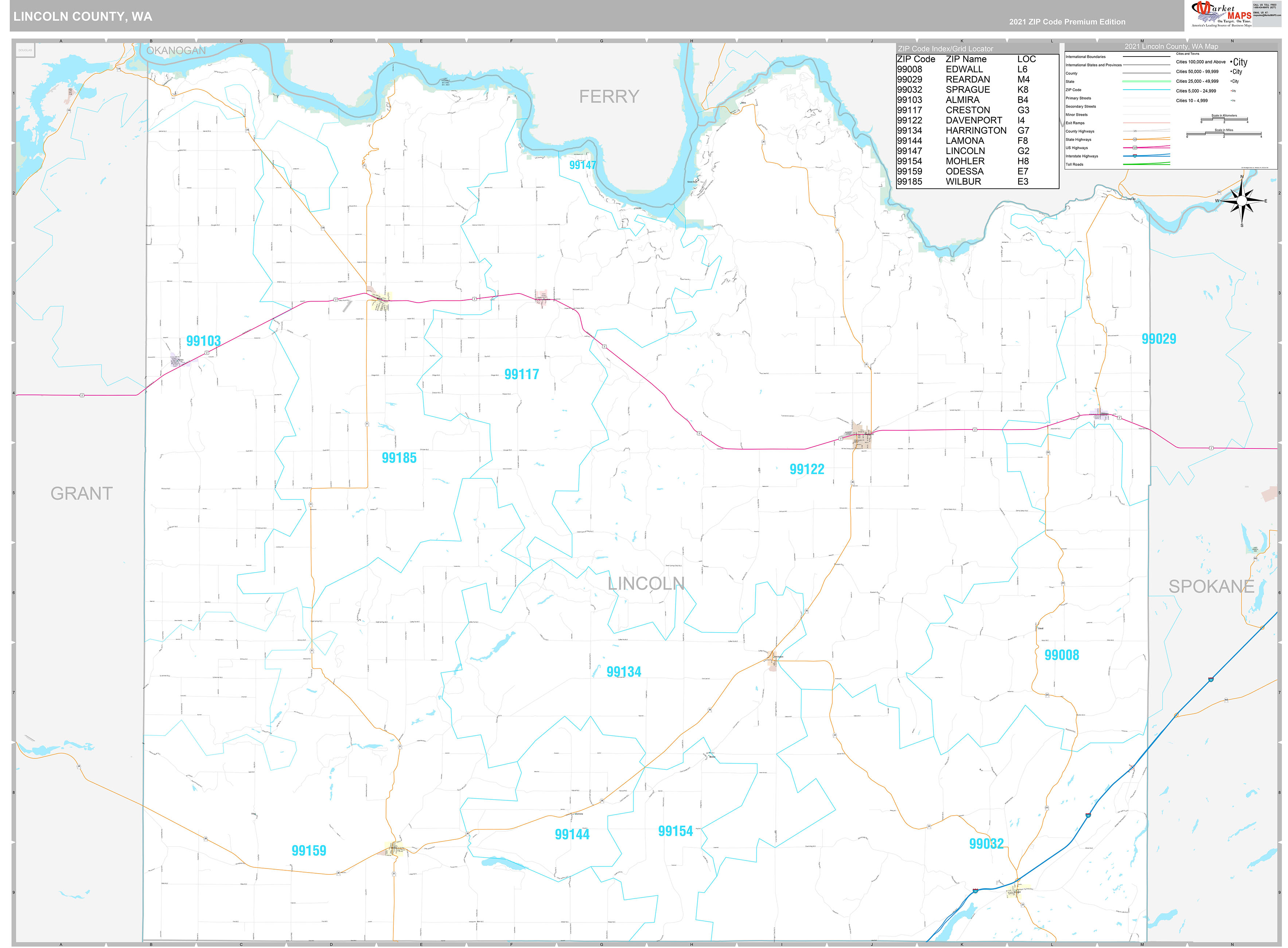 Lincoln County, WA Wall Map Premium Style by MarketMAPS