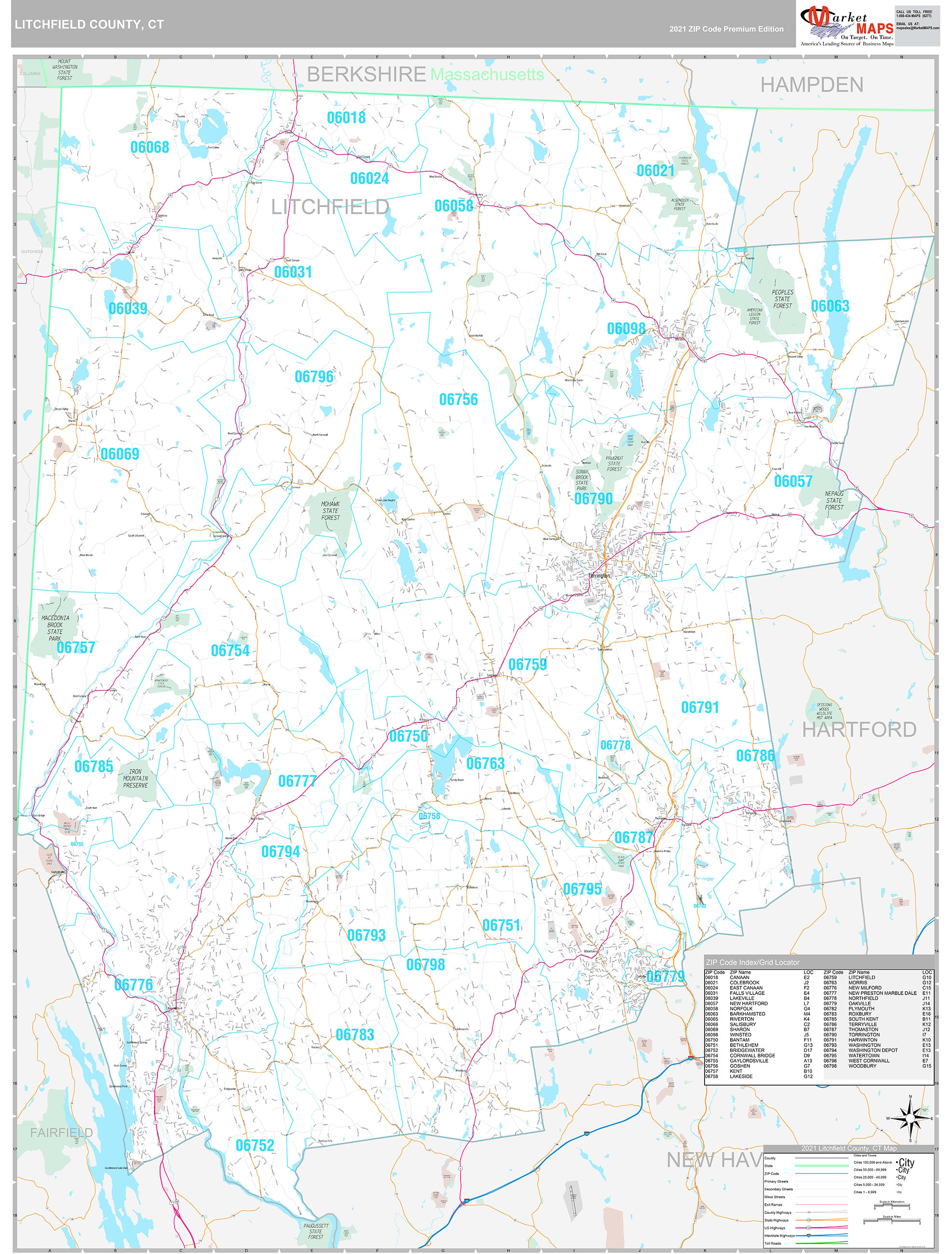 Litchfield County, CT Wall Map Premium Style by MarketMAPS