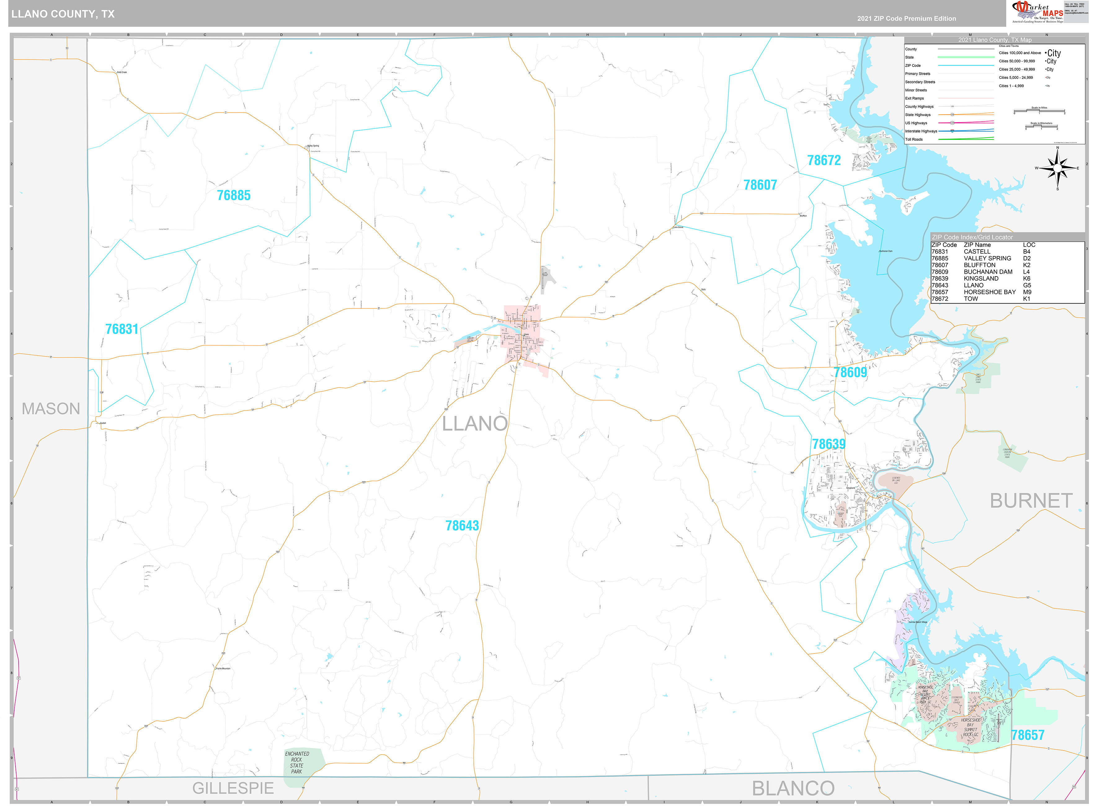 Llano County, TX Wall Map Premium Style by MarketMAPS