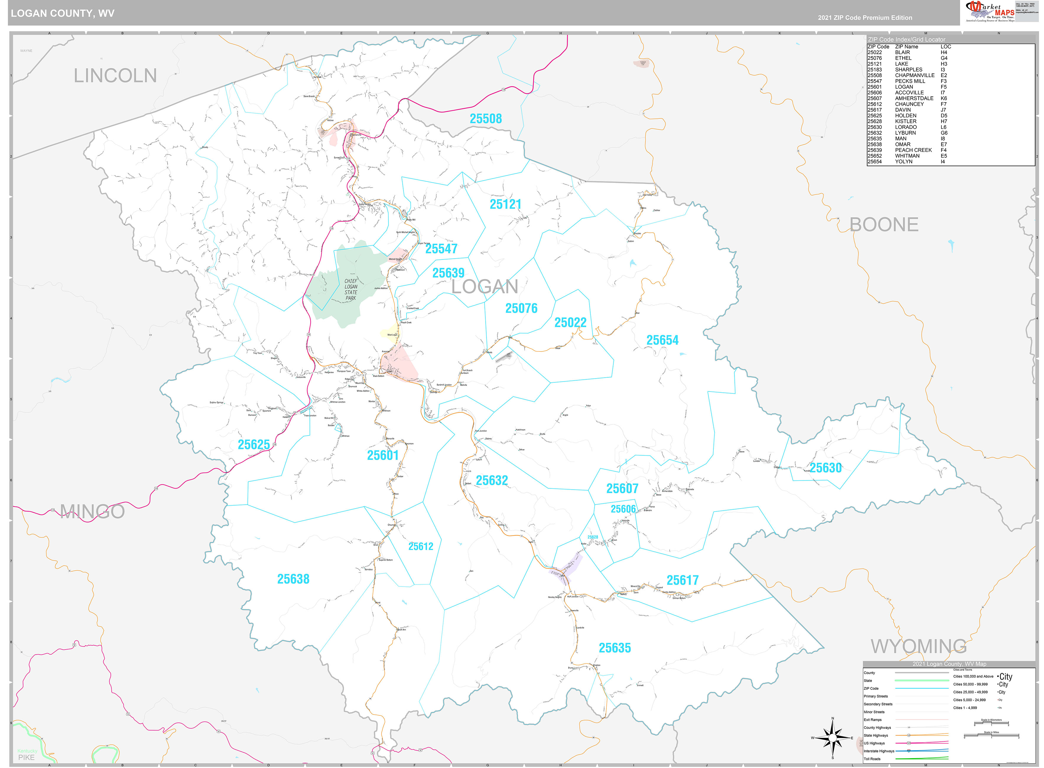 Logan County, WV Wall Map Premium Style by MarketMAPS MapSales