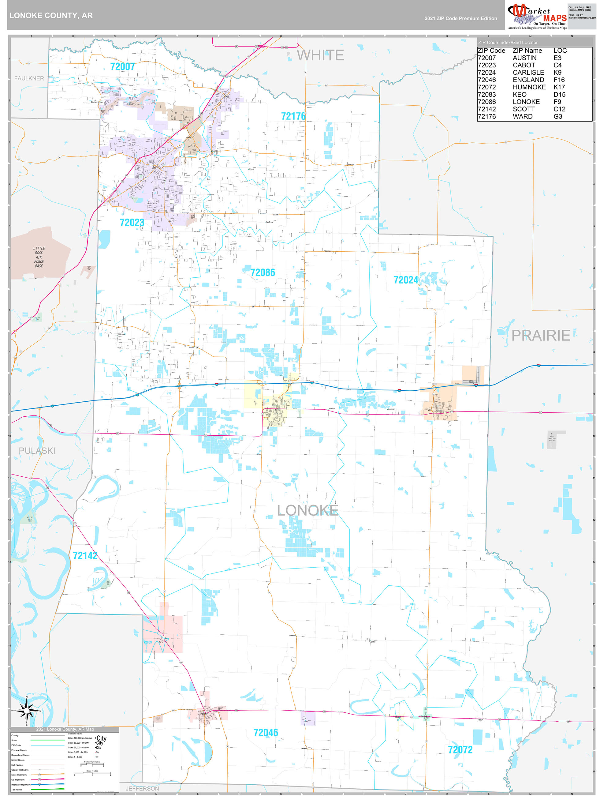 Lonoke County, AR Wall Map Premium Style by MarketMAPS
