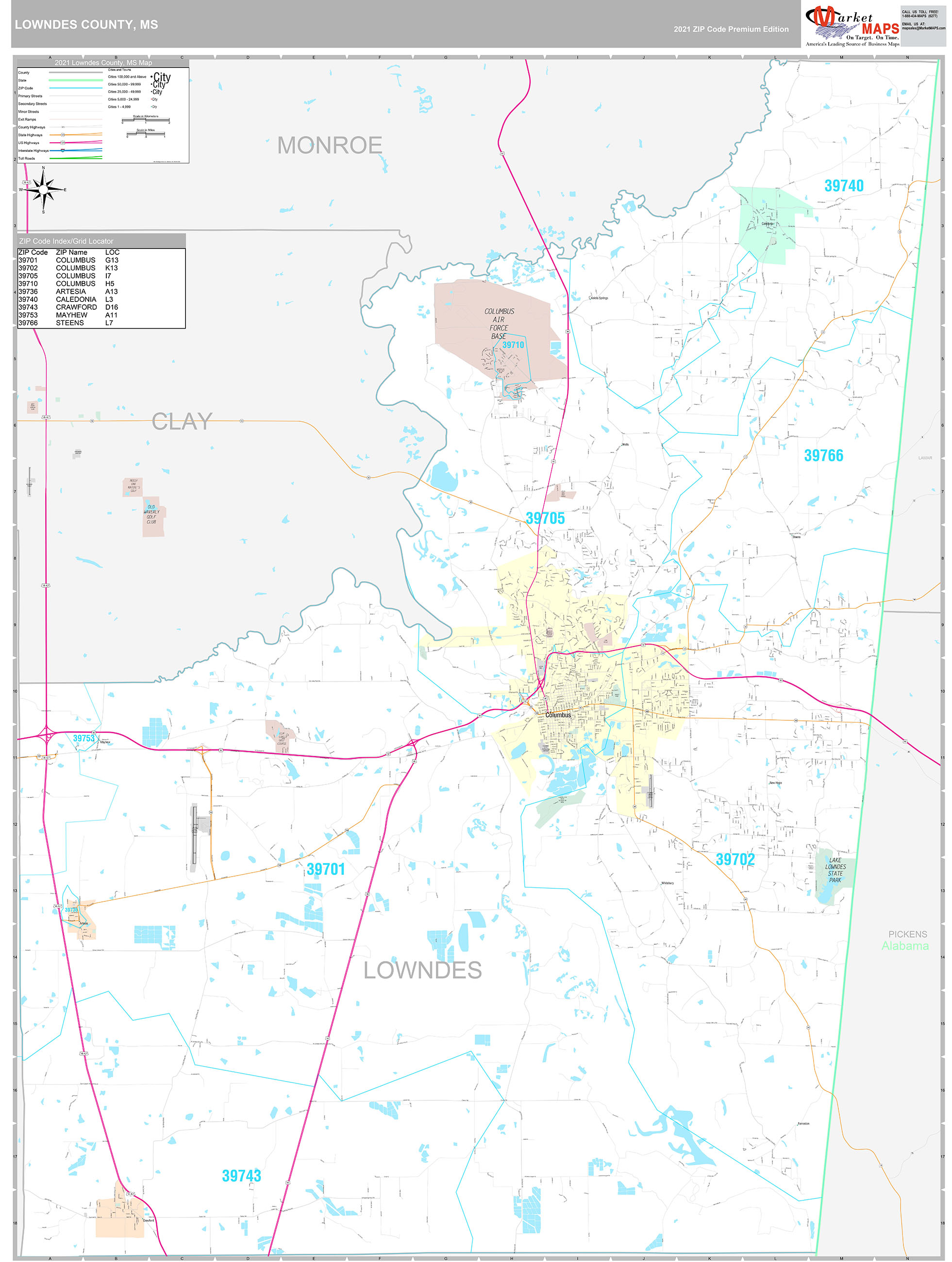 Lowndes County, MS Wall Map Premium Style by MarketMAPS - MapSales.com