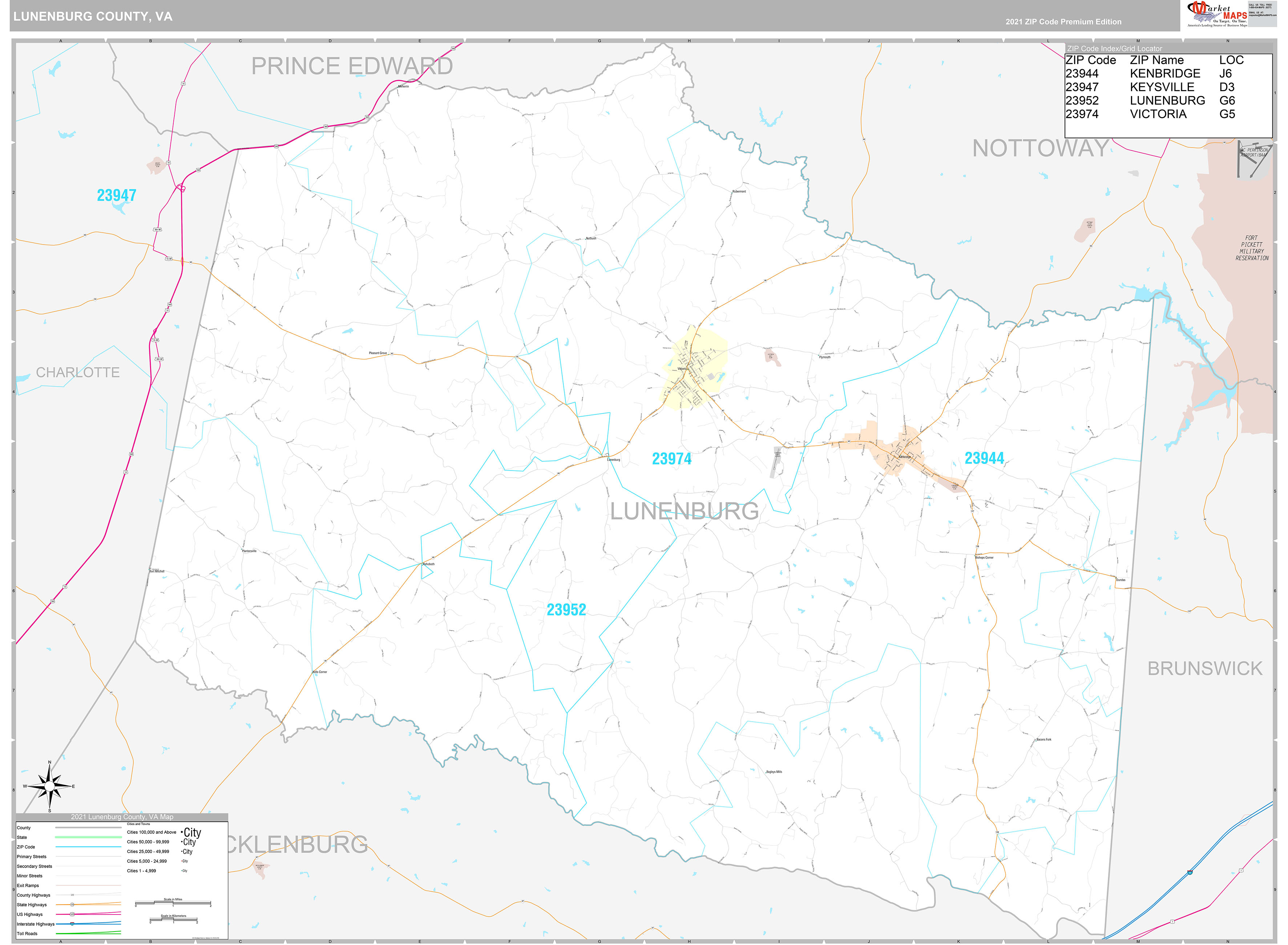 Lunenburg County, VA Wall Map Premium Style by MarketMAPS MapSales