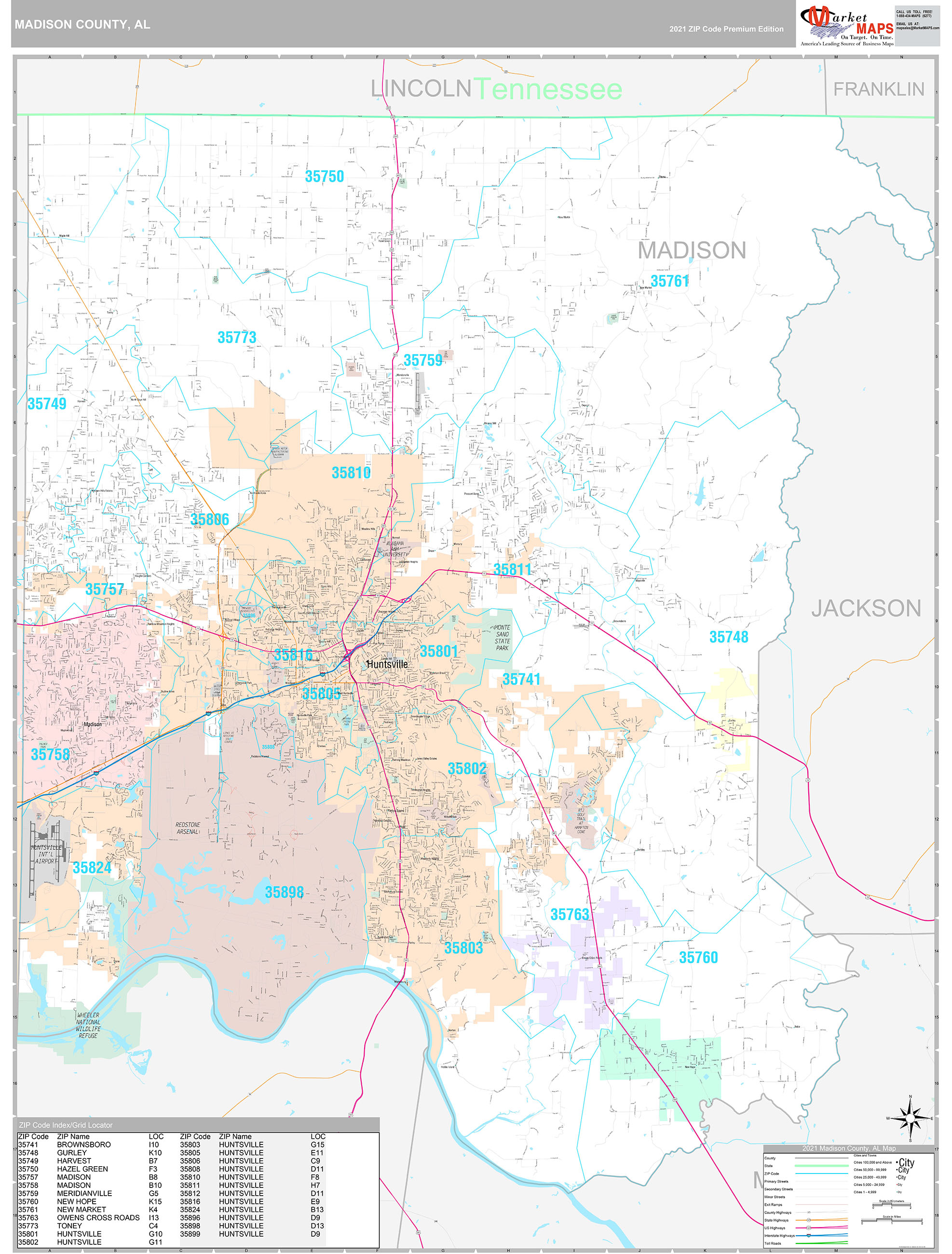 Madison County, AL Wall Map Premium Style by MarketMAPS MapSales