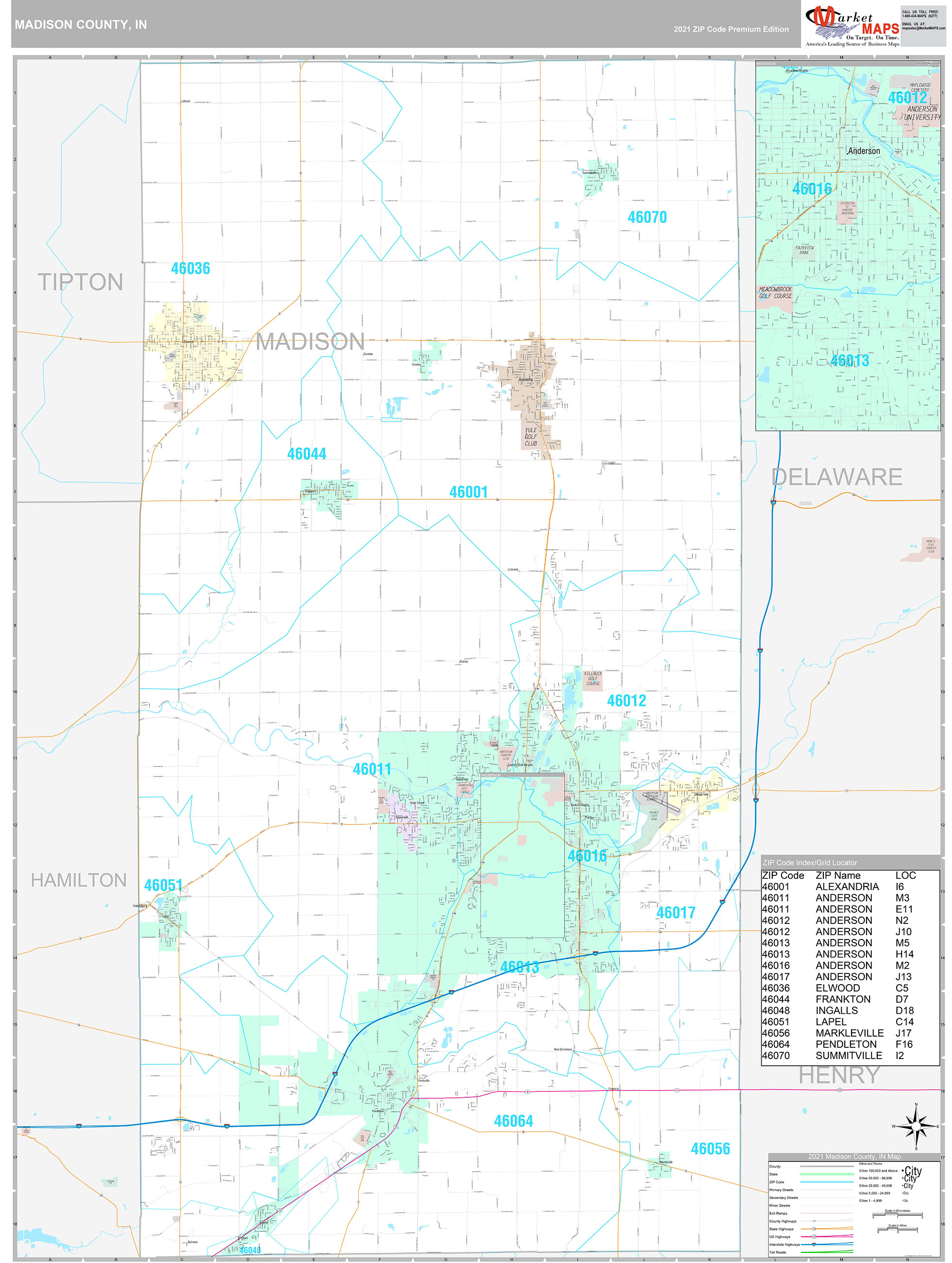 Madison County, IN Wall Map Premium Style by MarketMAPS