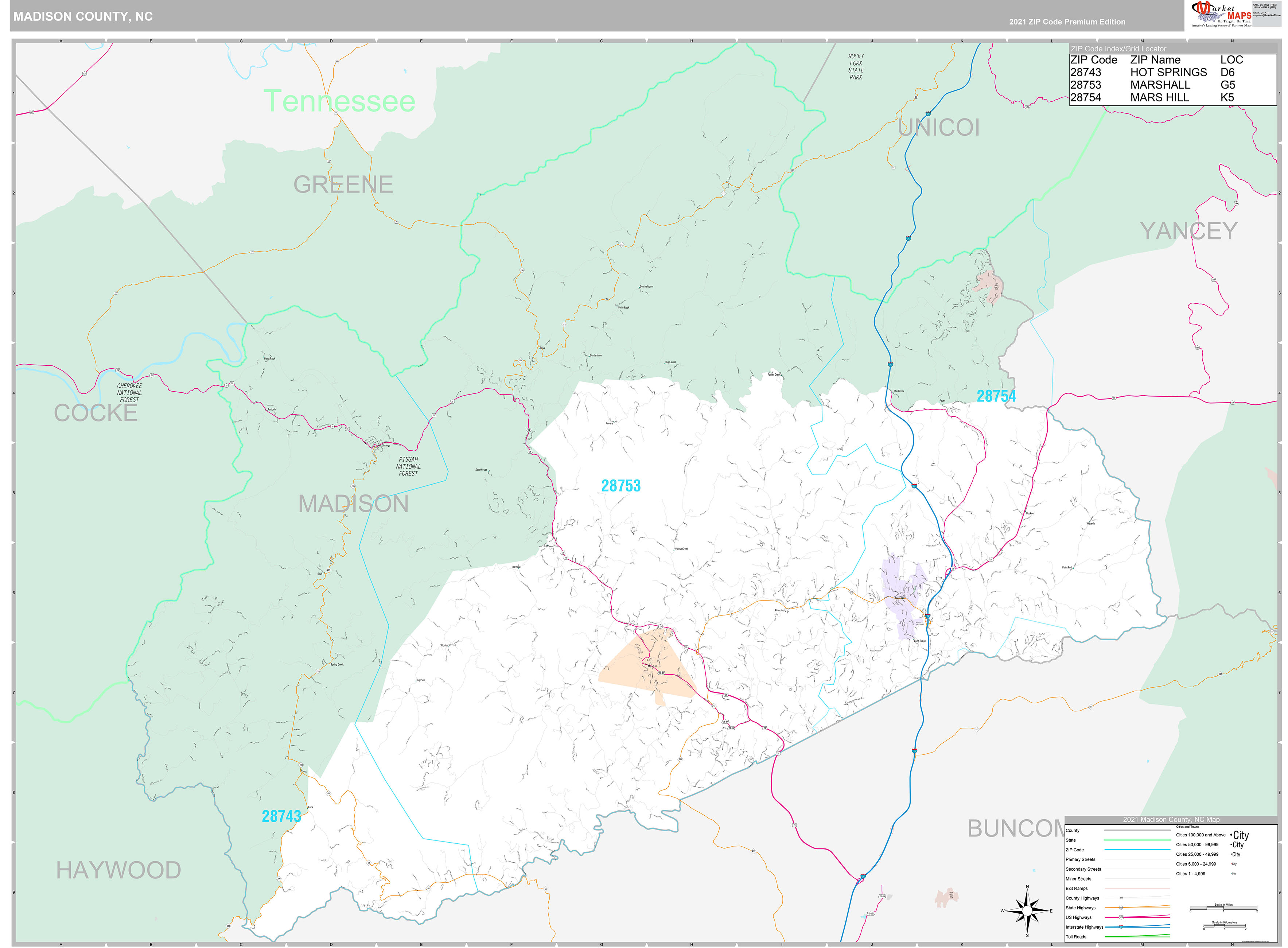 Madison County, NC Wall Map Premium Style by MarketMAPS