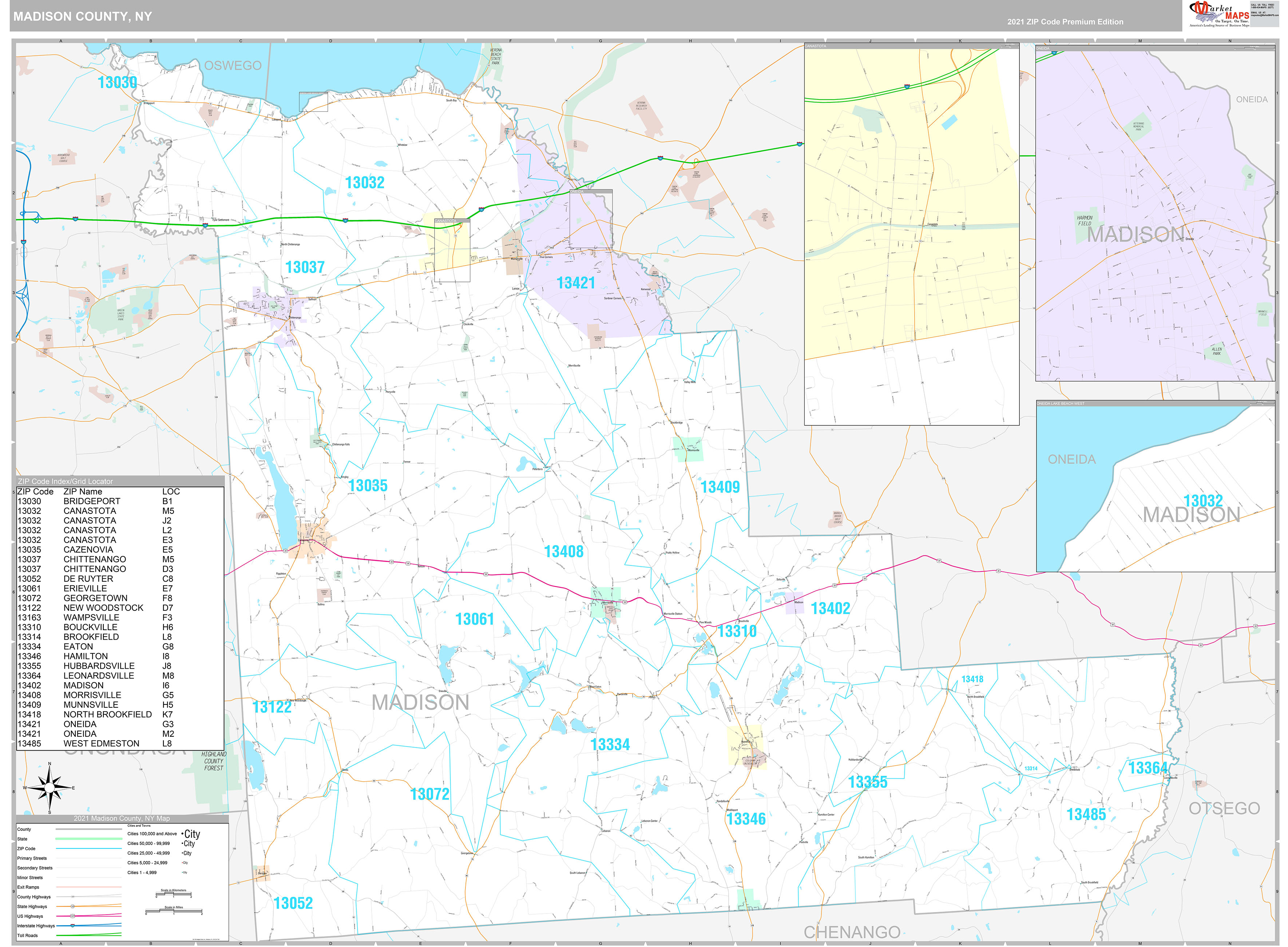 Madison County, NY Wall Map Premium Style by MarketMAPS