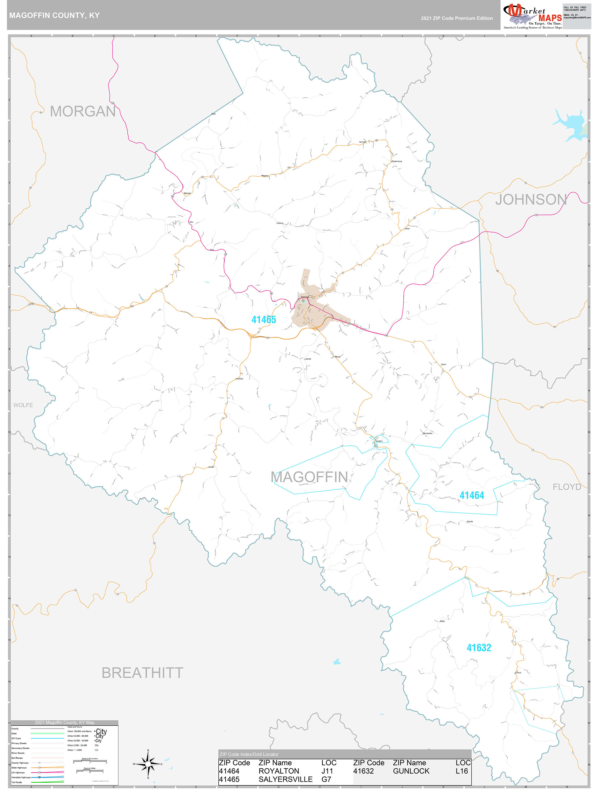 Magoffin County, KY Wall Map Premium Style by MarketMAPS