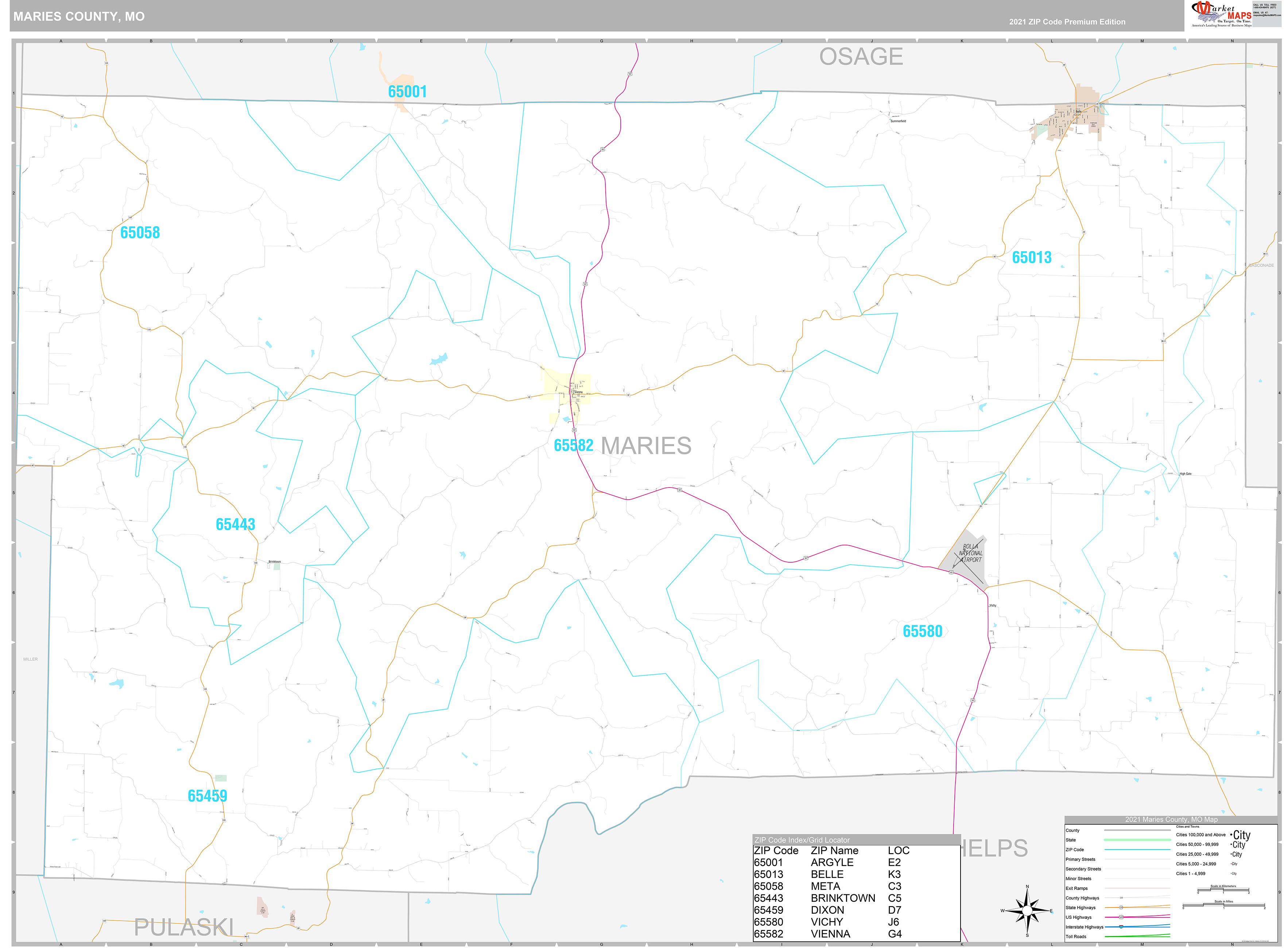 Maries County, MO Wall Map Premium Style by MarketMAPS MapSales