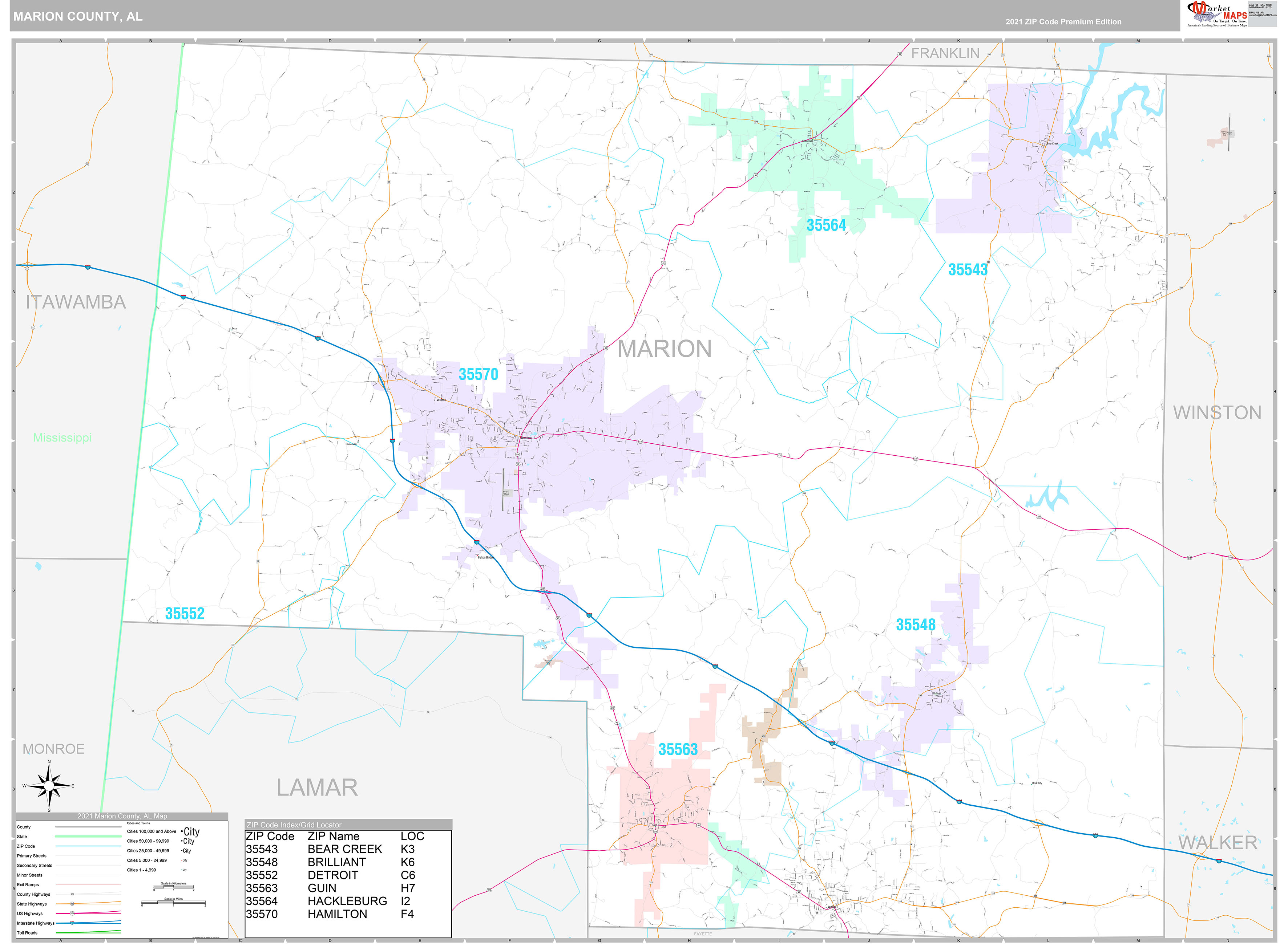 Marion County, AL Wall Map Premium Style by MarketMAPS