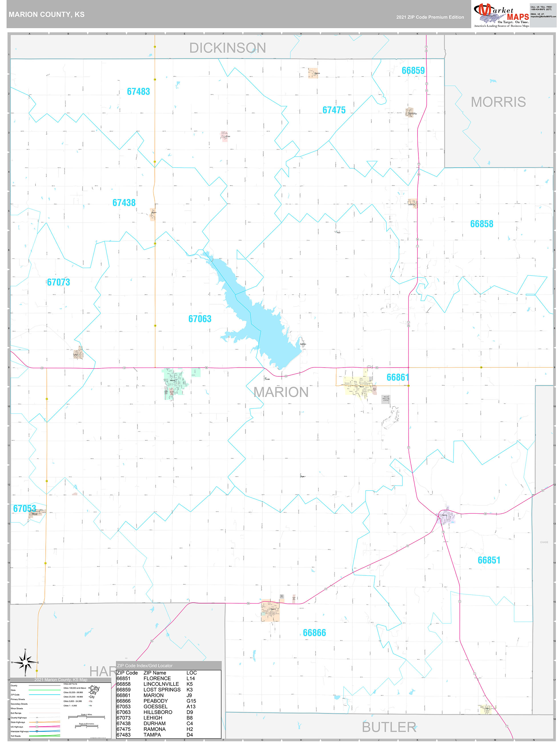 Marion County, KS Wall Map Premium Style by MarketMAPS