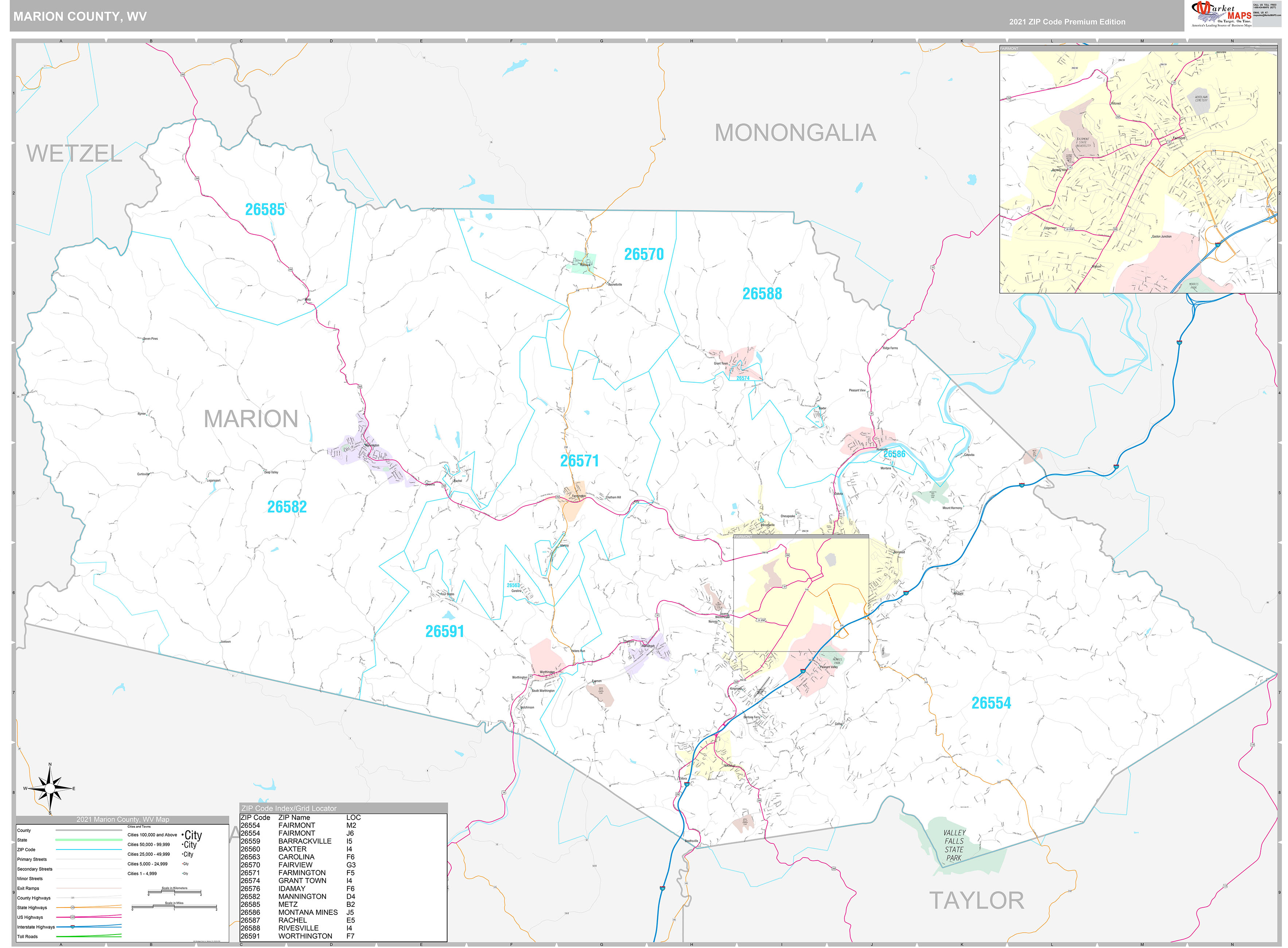 Marion County, WV Wall Map Premium Style by MarketMAPS