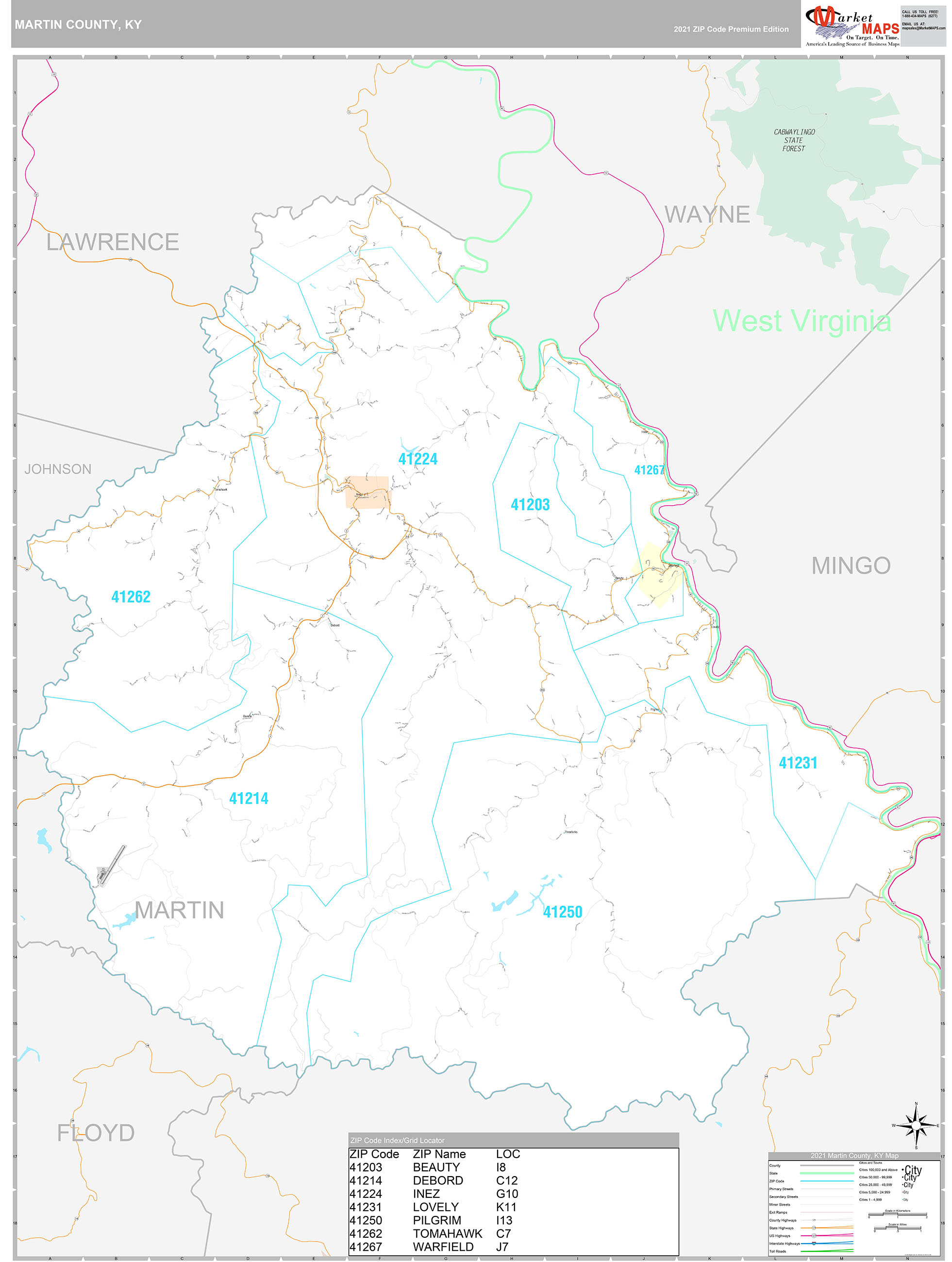Martin County, KY Wall Map Premium Style by MarketMAPS