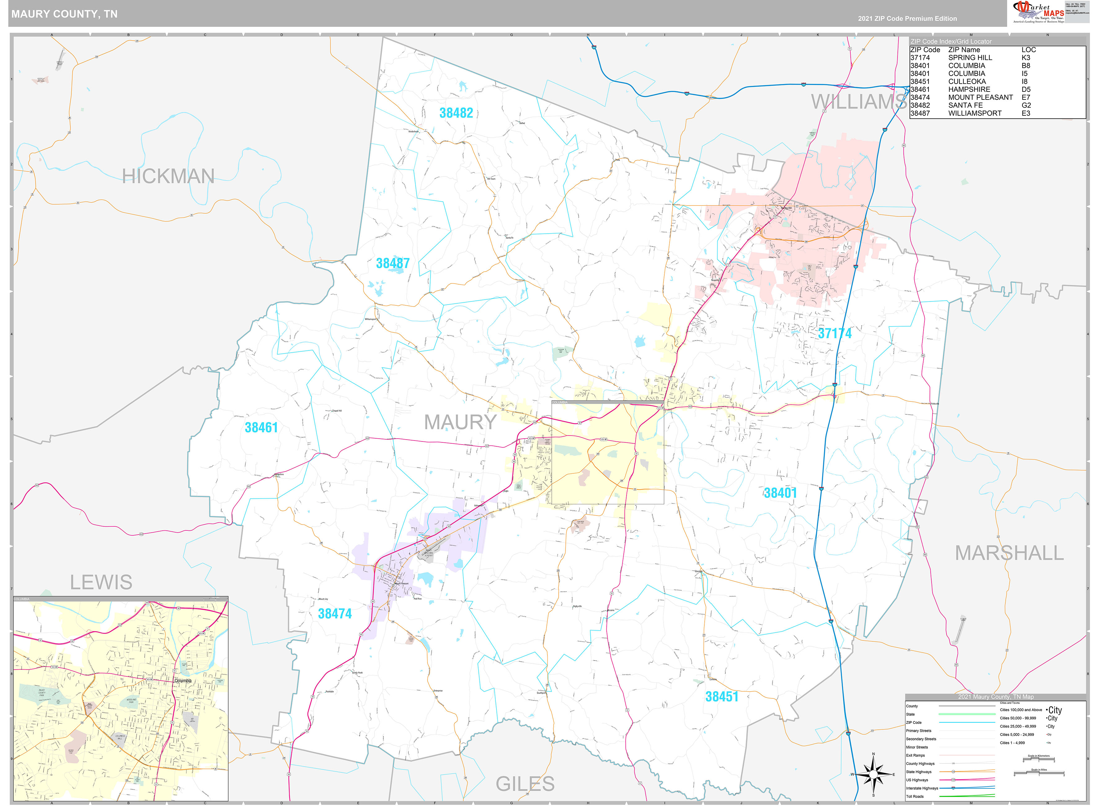 Maury County, TN Wall Map Premium Style by MarketMAPS