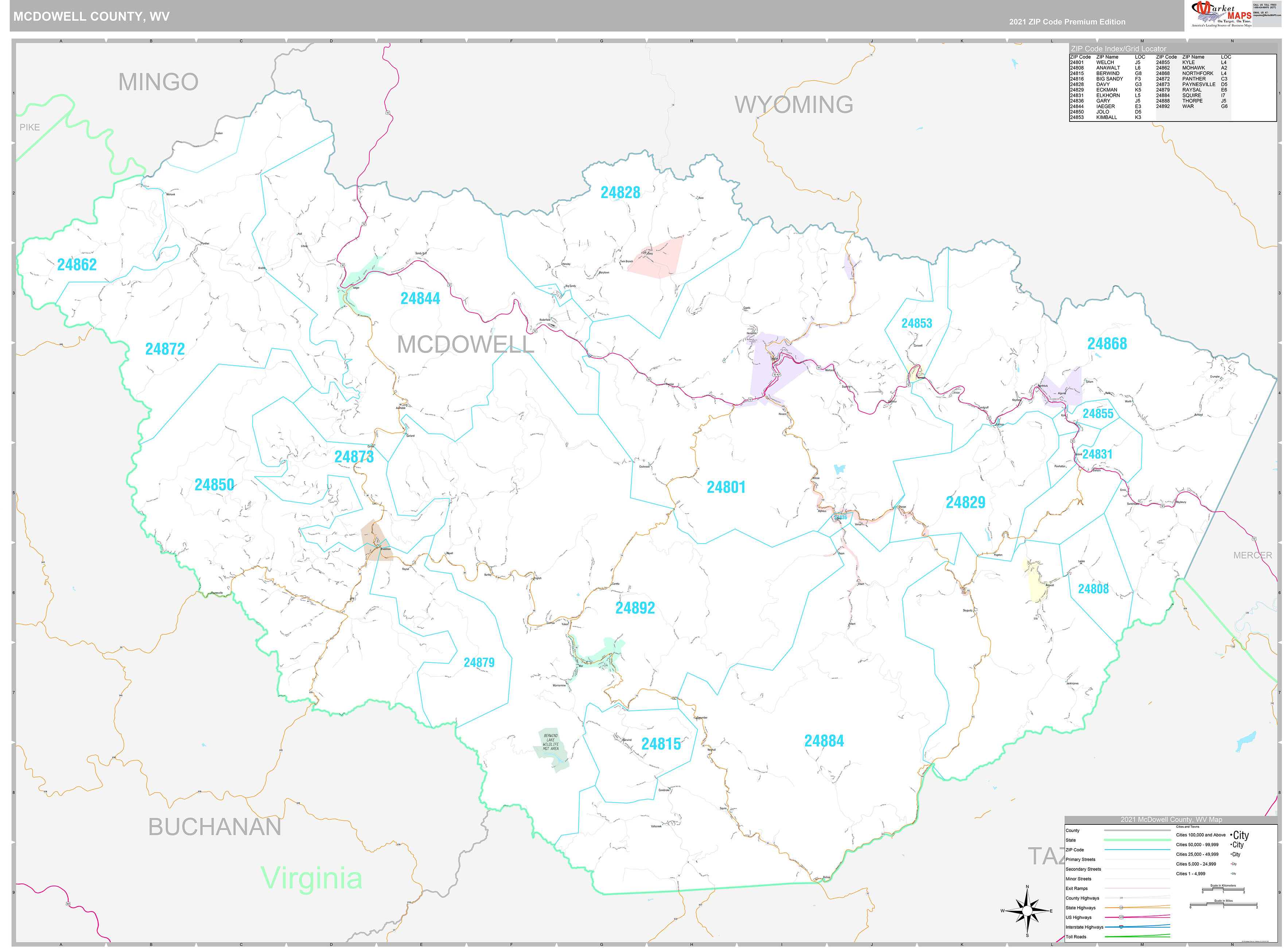 McDowell County, WV Wall Map Premium Style by MarketMAPS
