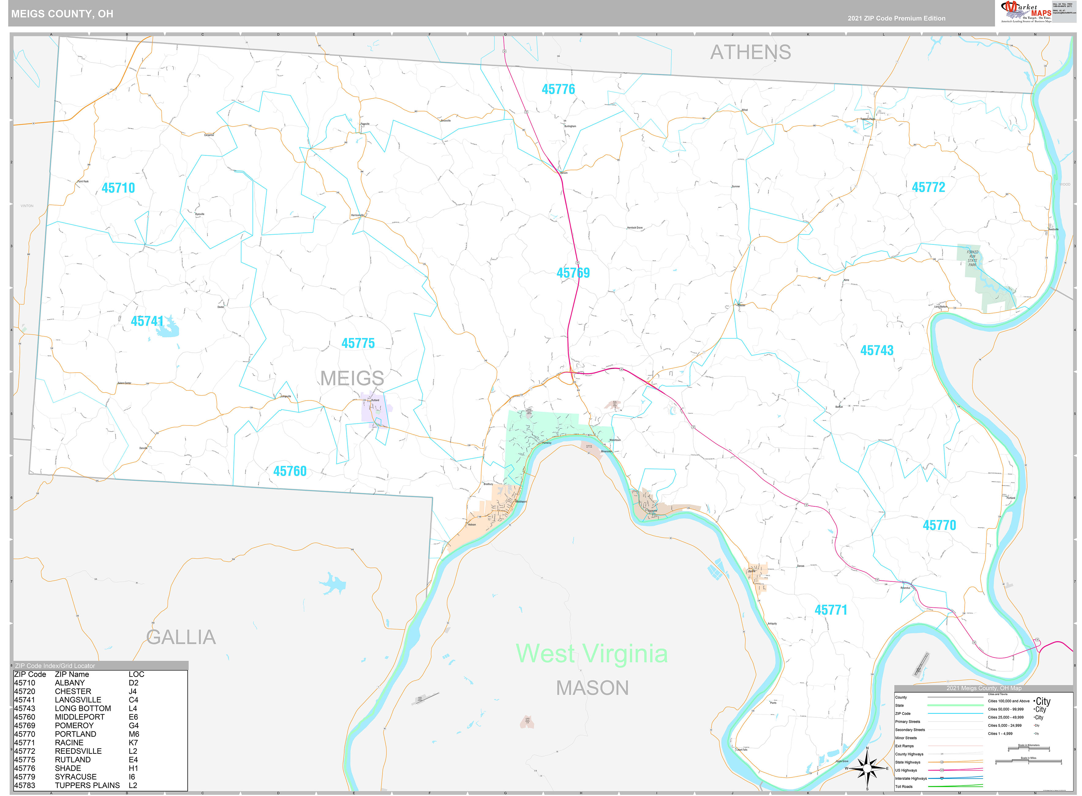 Meigs County, OH Wall Map Premium Style by MarketMAPS