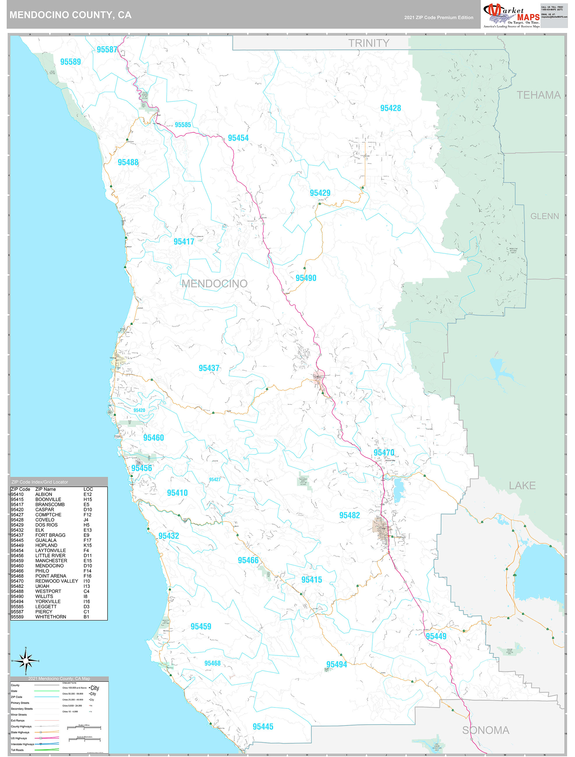 Mendocino County, CA Wall Map Premium Style by MarketMAPS MapSales