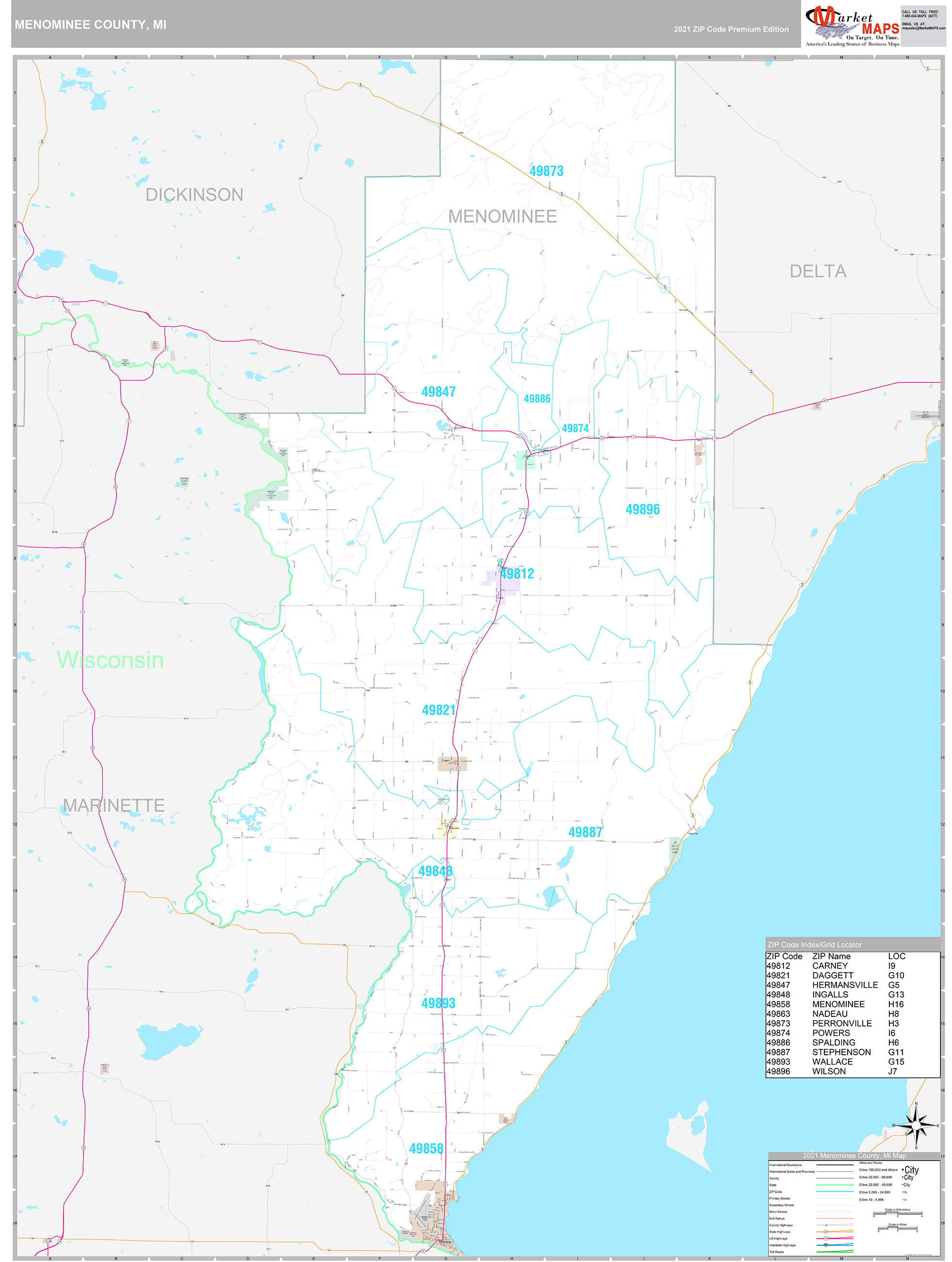 Menominee County, MI Wall Map Premium Style by MarketMAPS