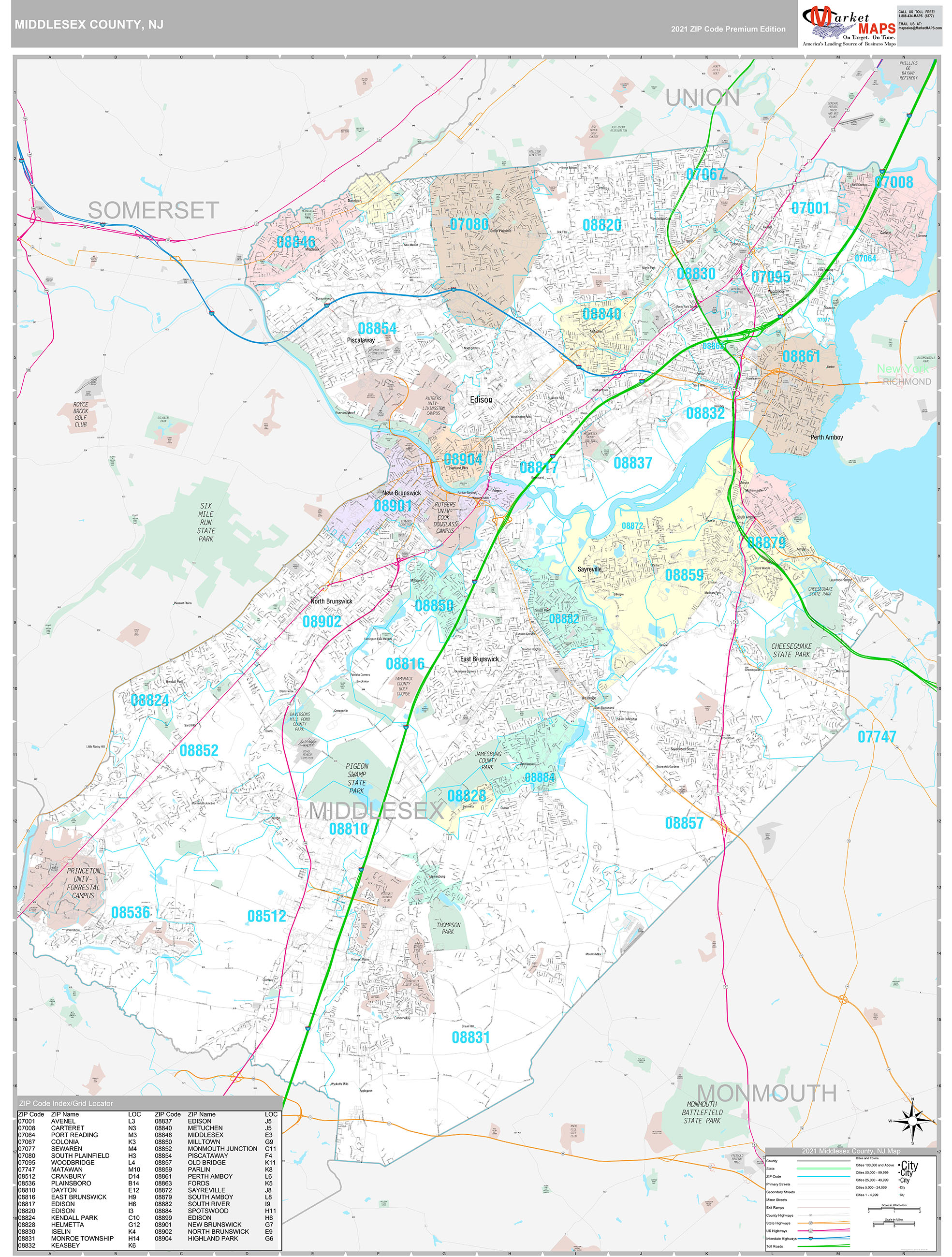 Middlesex County, NJ Wall Map Premium Style by MarketMAPS MapSales