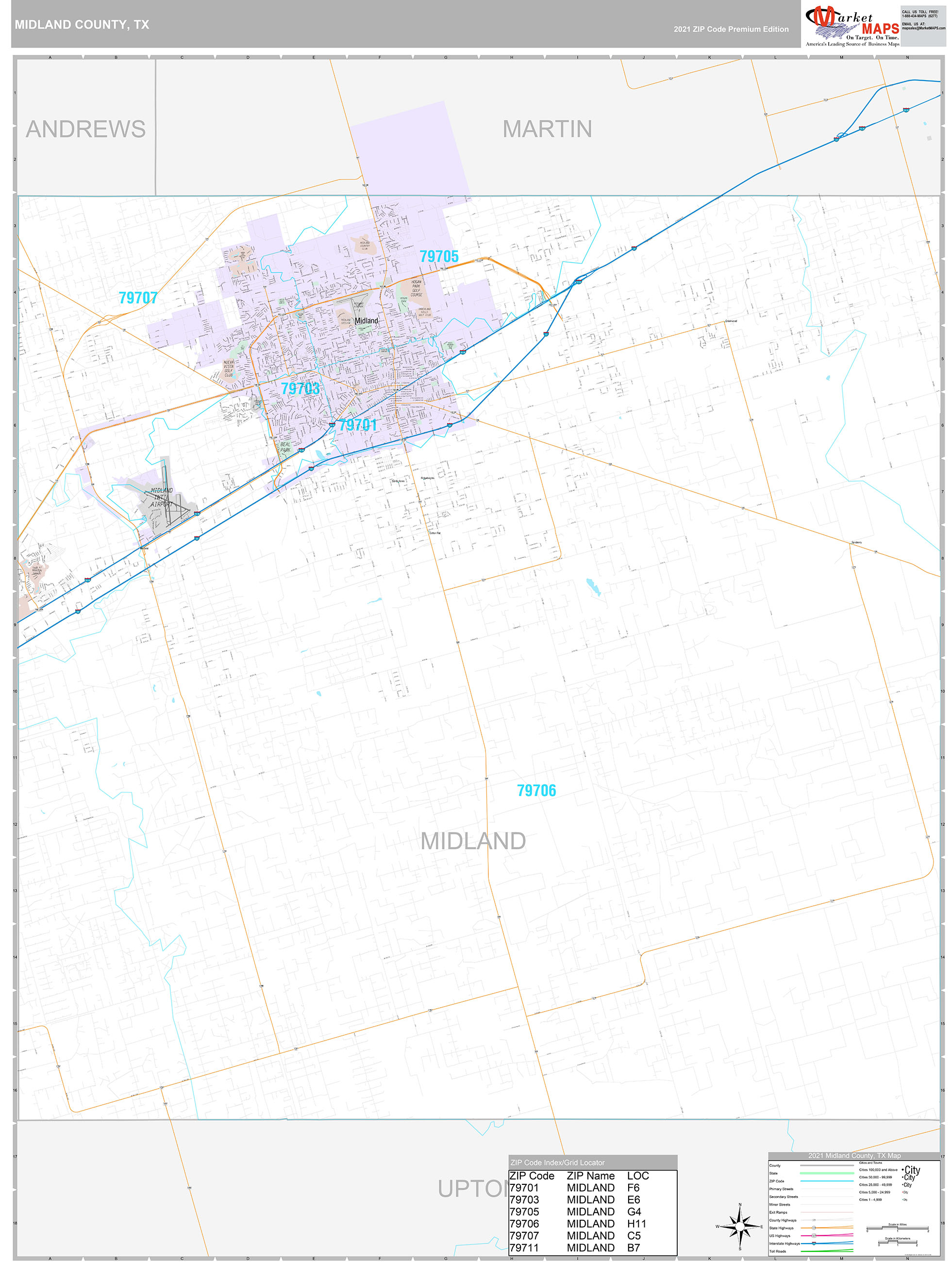 Midland County, TX Wall Map Premium Style by MarketMAPS