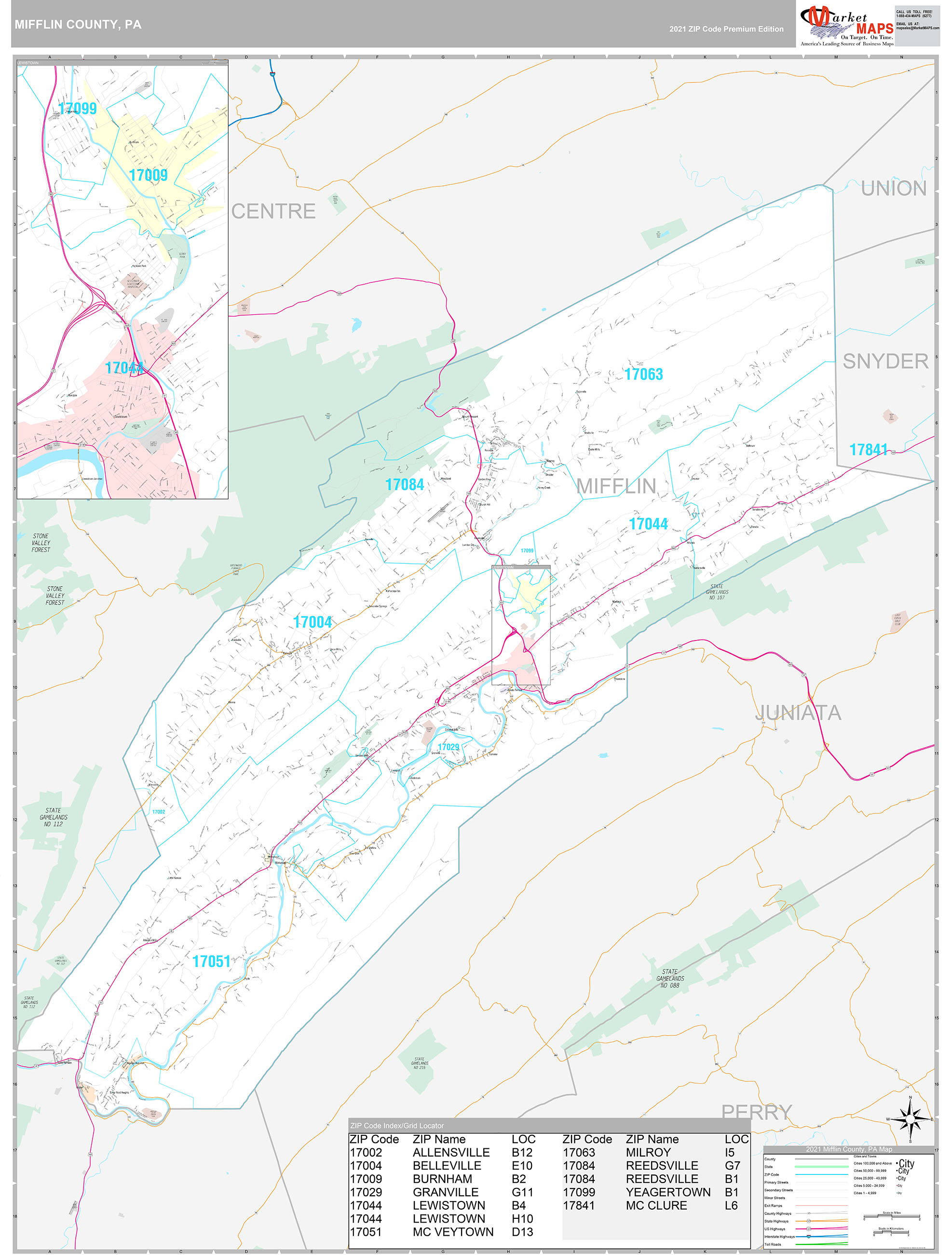 Mifflin County, PA Wall Map Premium Style by MarketMAPS