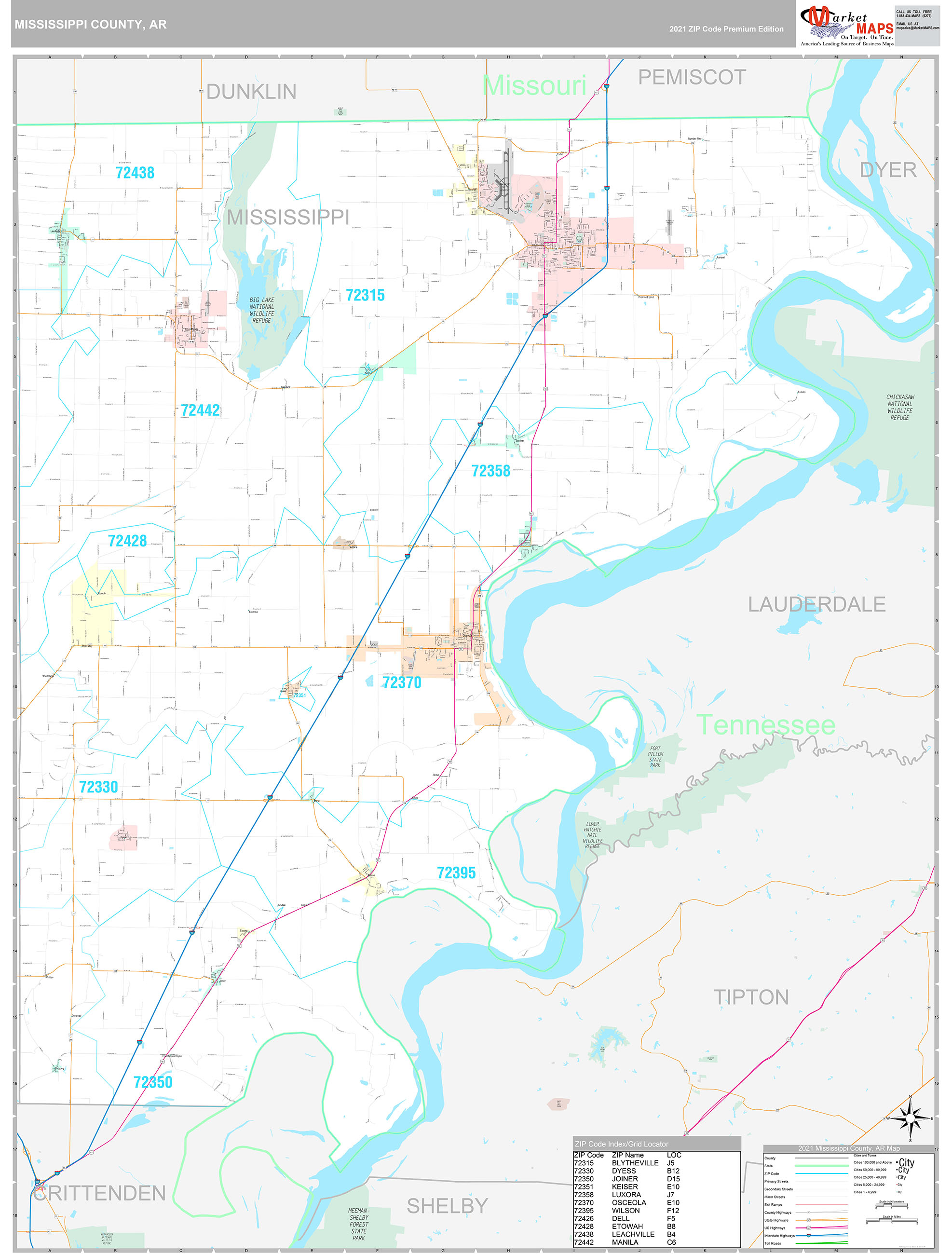 Mississippi County, AR Wall Map Premium Style by MarketMAPS