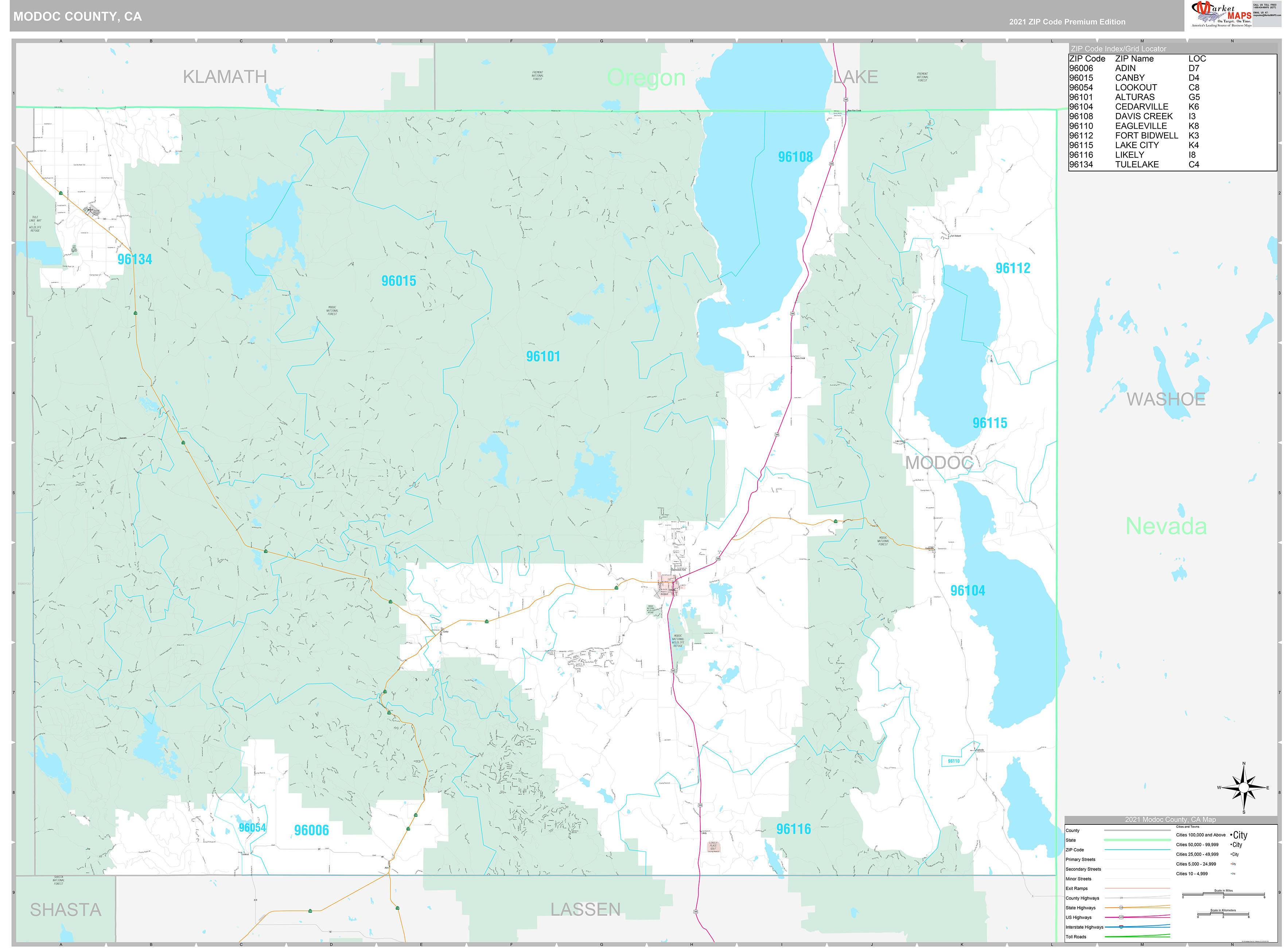 Modoc County, CA Wall Map Premium Style by MarketMAPS