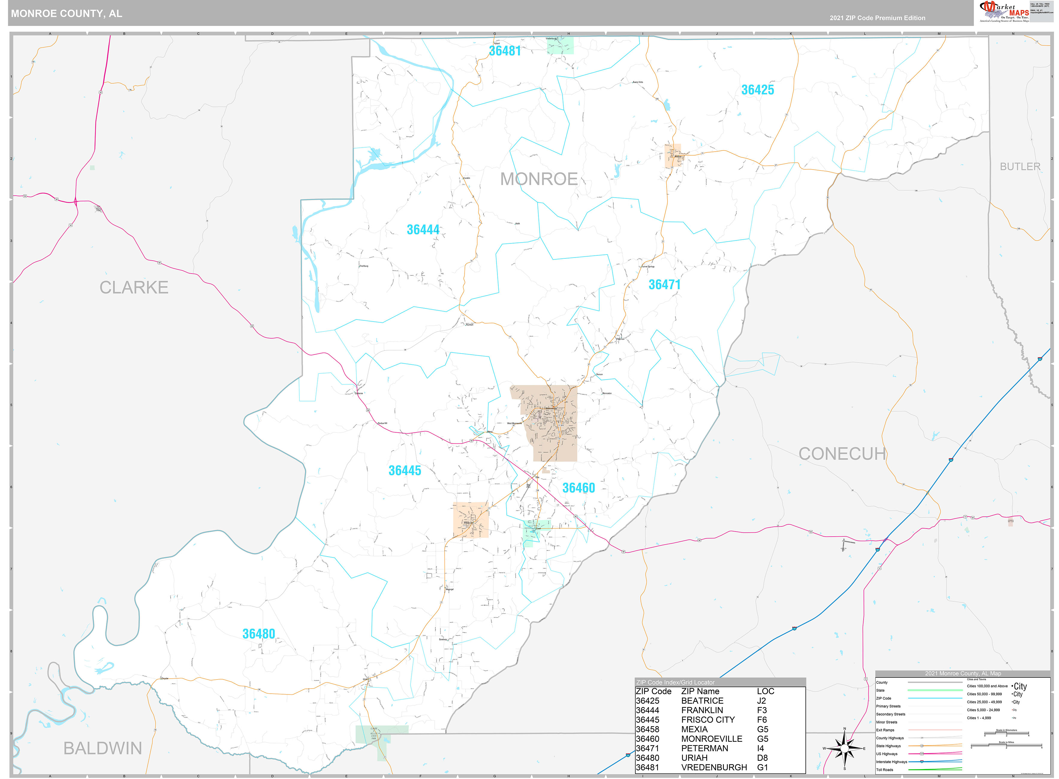 Monroe County, AL Wall Map Premium Style by MarketMAPS
