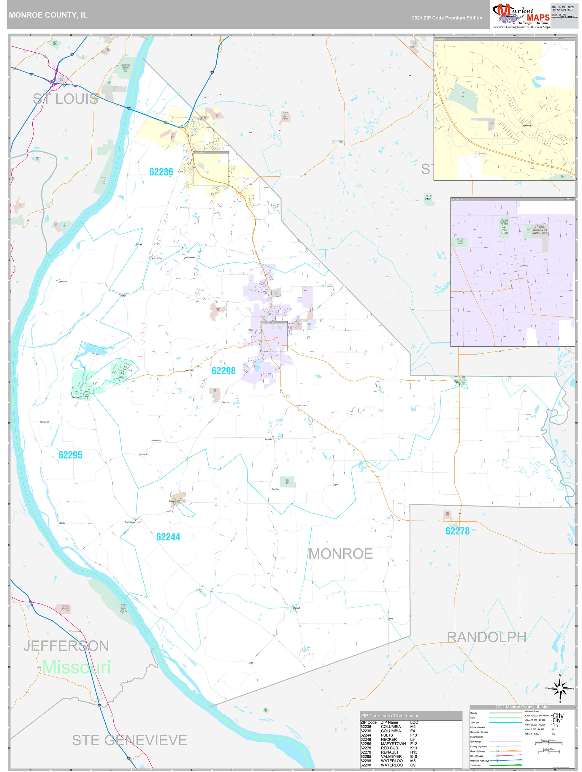 Monroe County, IL Wall Map Premium Style by MarketMAPS