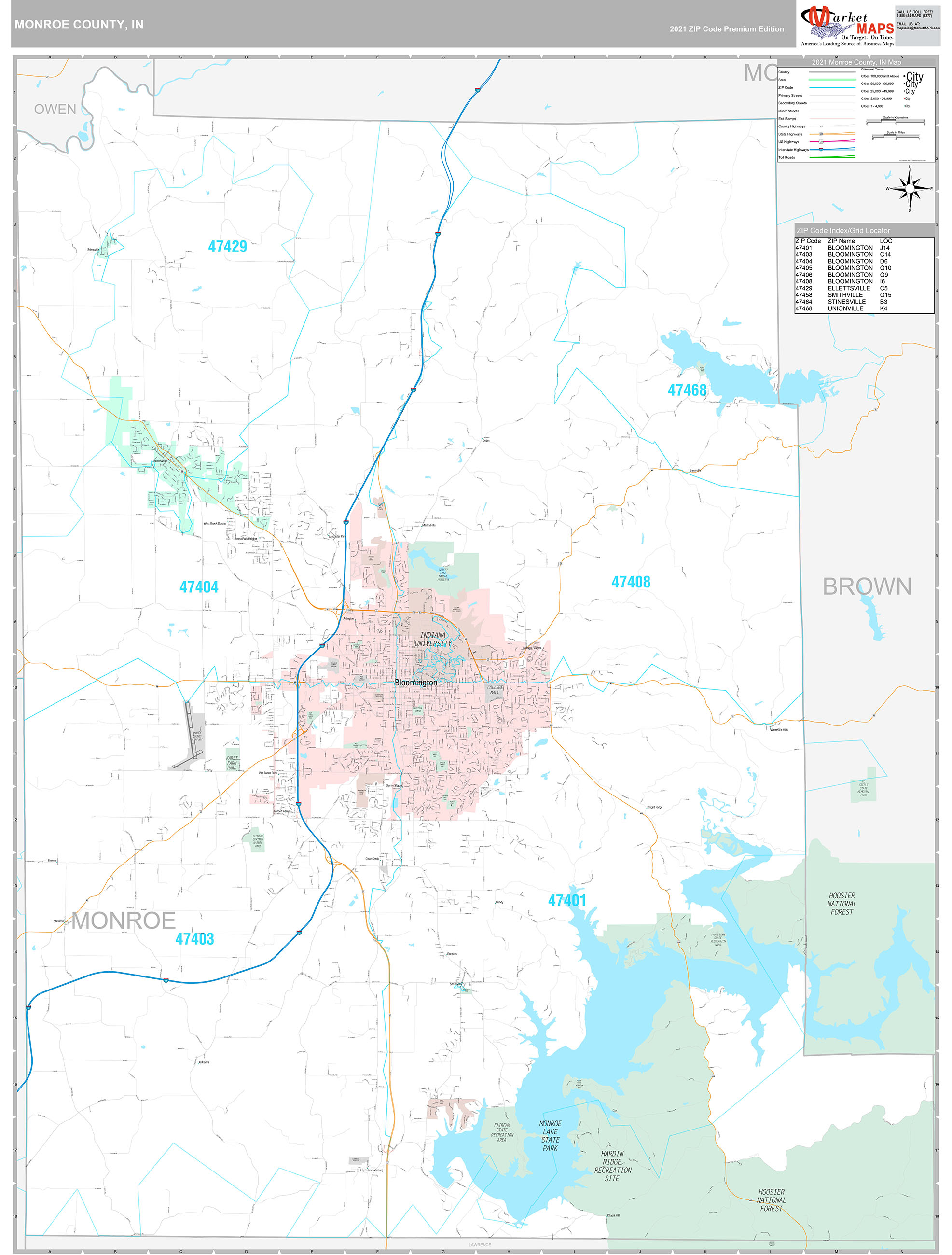 Monroe County, IN Wall Map Premium Style by MarketMAPS