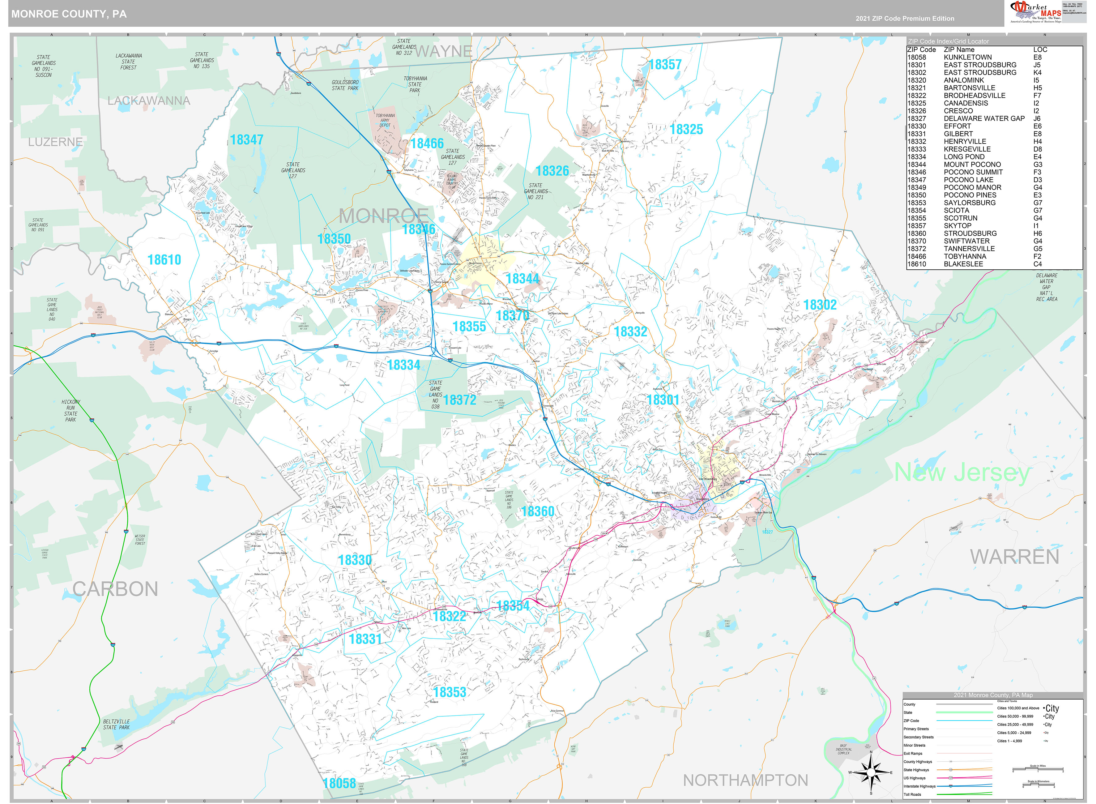 Monroe County, PA Wall Map Premium Style by MarketMAPS MapSales