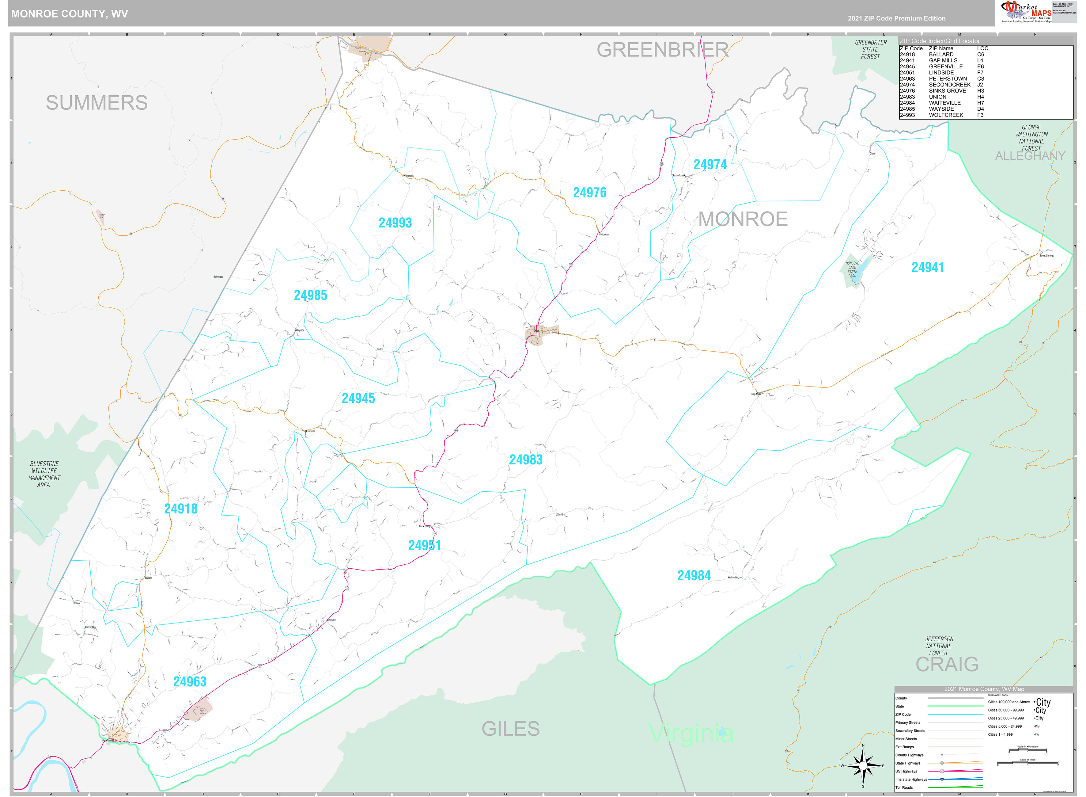 Monroe County, WV Wall Map Premium Style by MarketMAPS